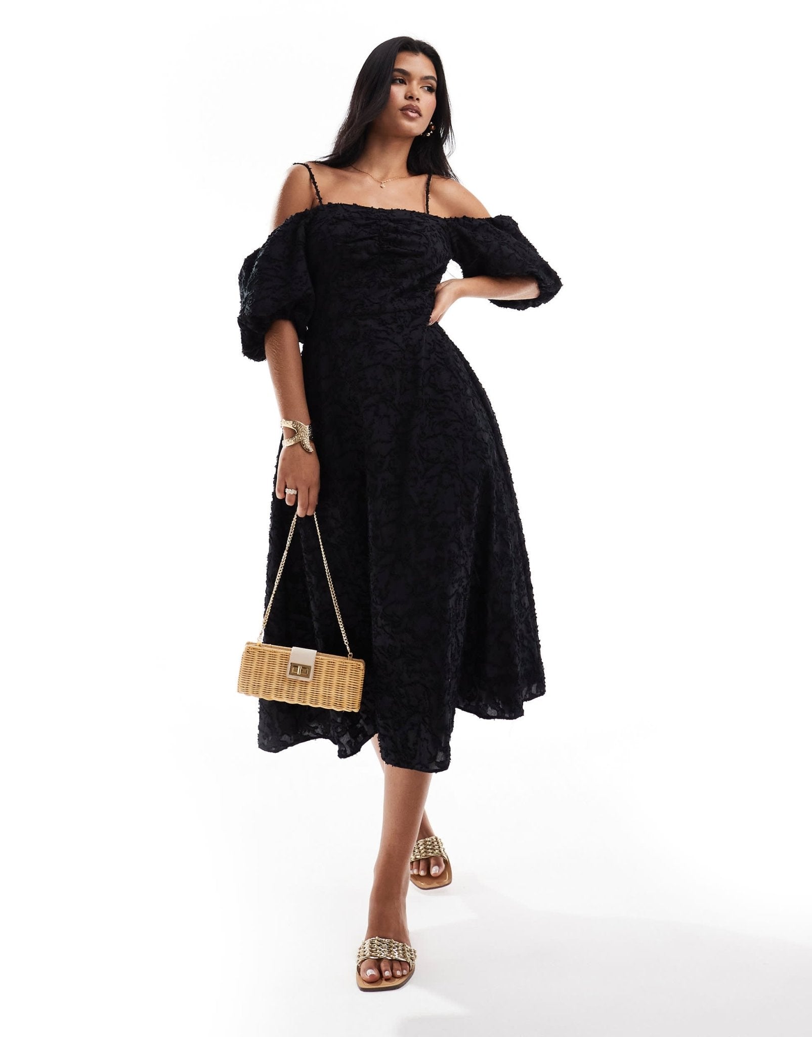 River Island puff sleeve midi dress in black - ASOS Sample Sale EU Store