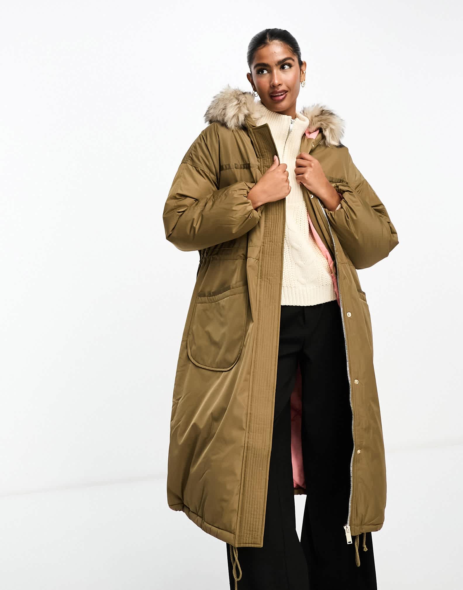 River Island puffer coat with faux fur collar in khaki - ASOS Sample Sale EU Store