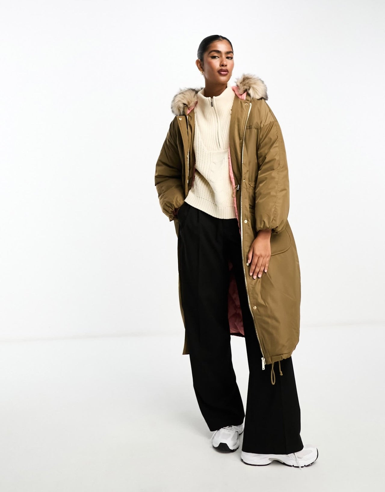 River Island puffer coat with faux fur collar in khaki - ASOS Sample Sale EU Store