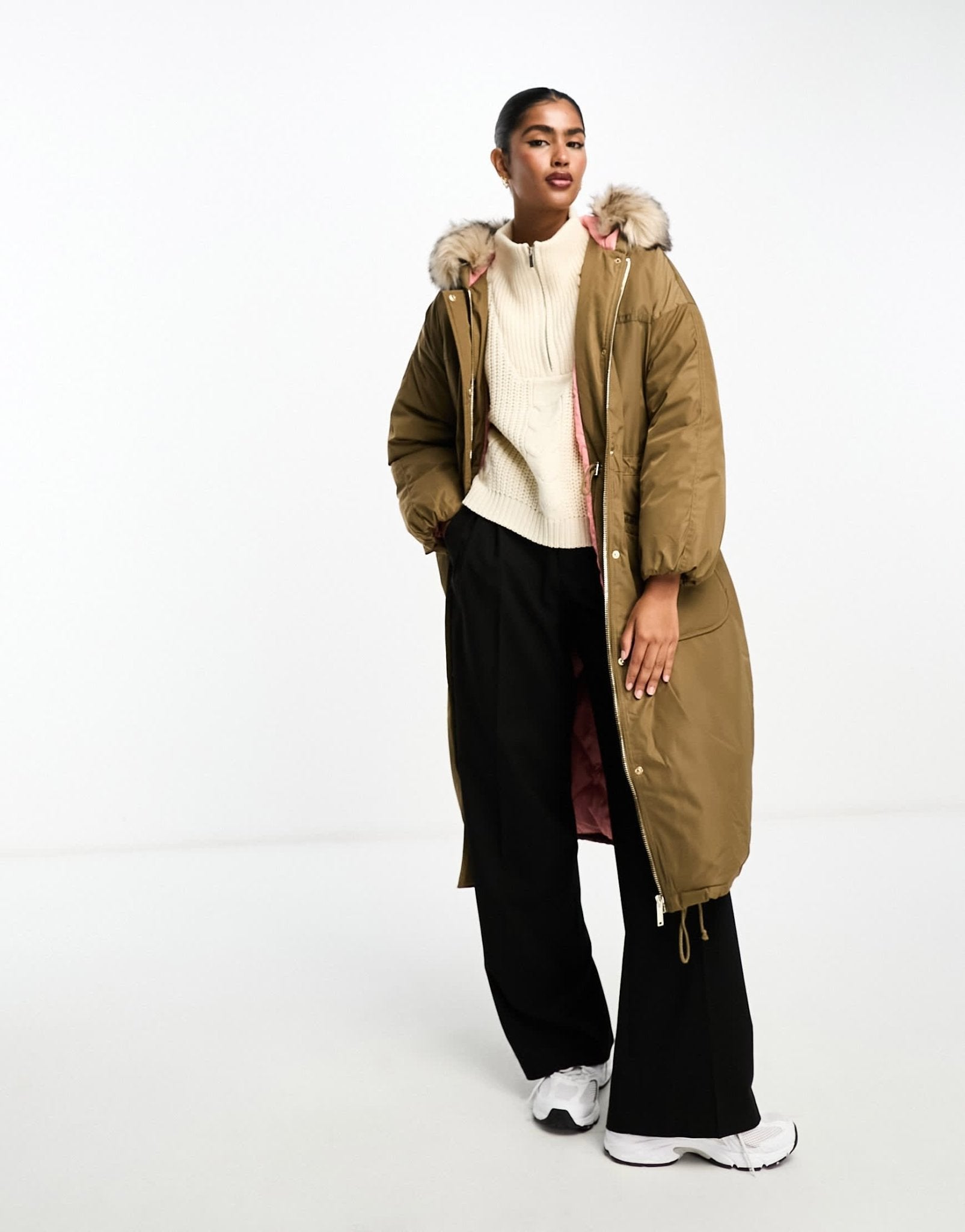 River Island puffer coat with faux fur collar in khaki - ASOS Sample Sale EU Store