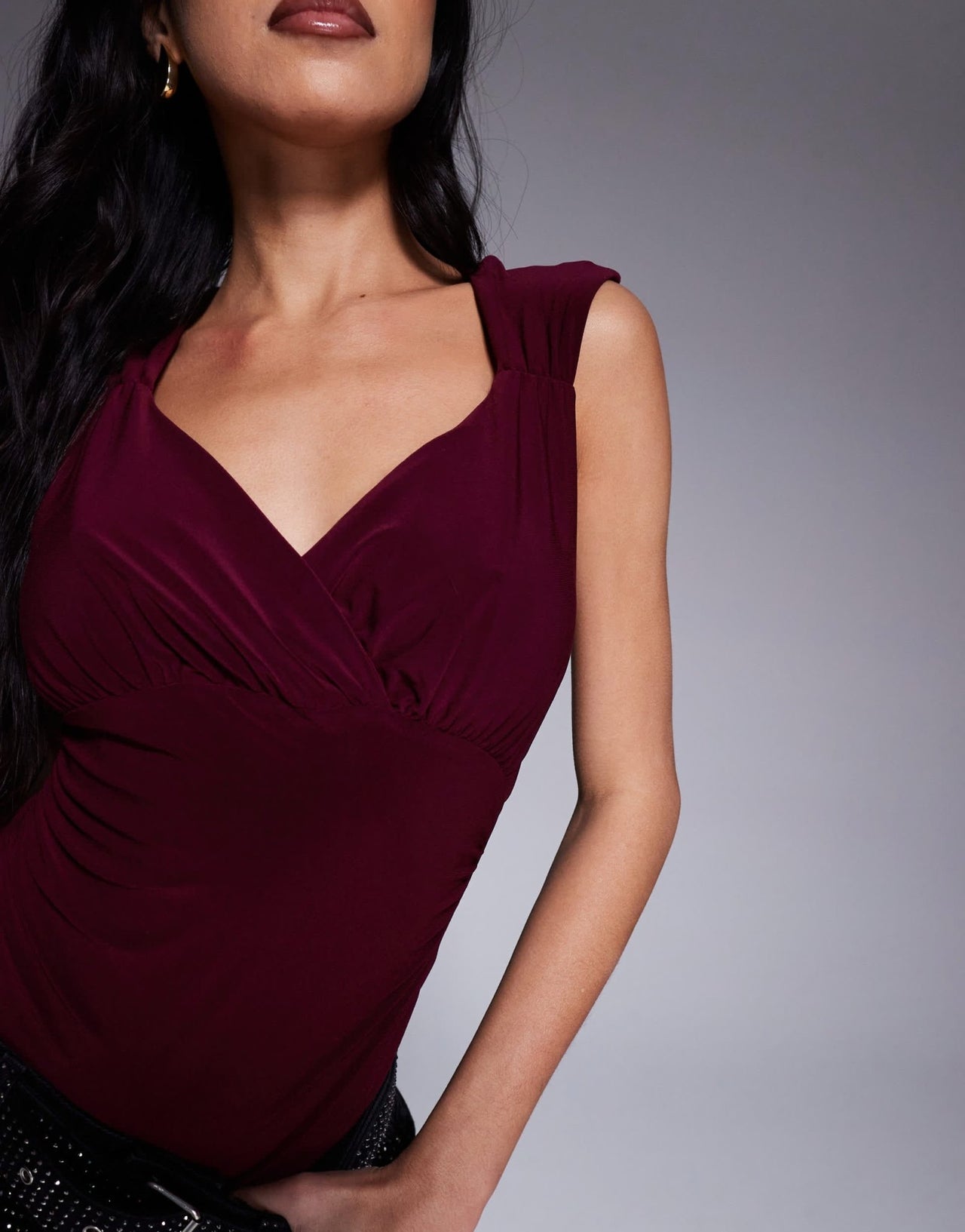 River Island ruched wrap bodysuit in burgundy - ASOS Sample Sale EU Store