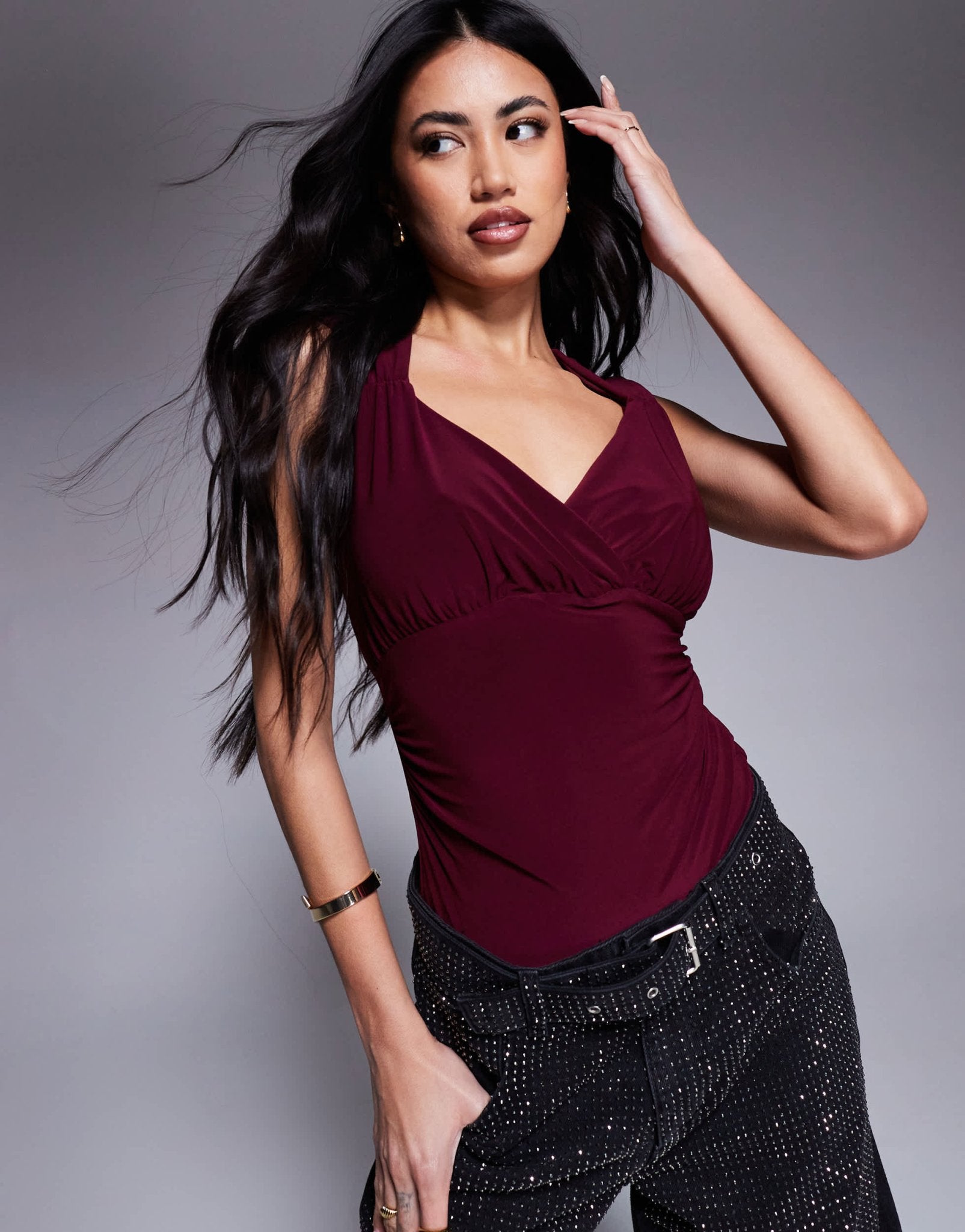 River Island ruched wrap bodysuit in burgundy - ASOS Sample Sale EU Store