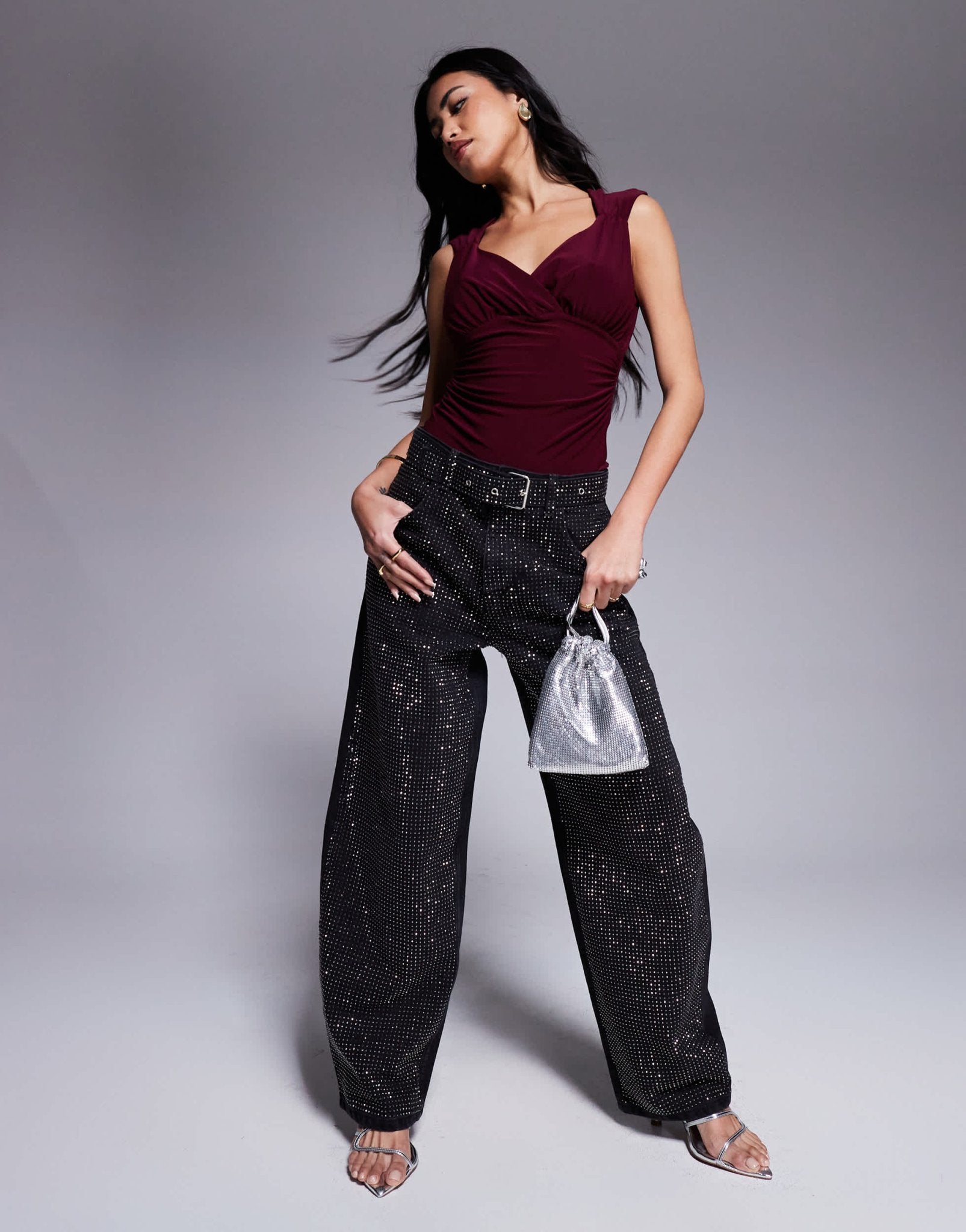 River Island ruched wrap bodysuit in burgundy - ASOS Sample Sale EU Store