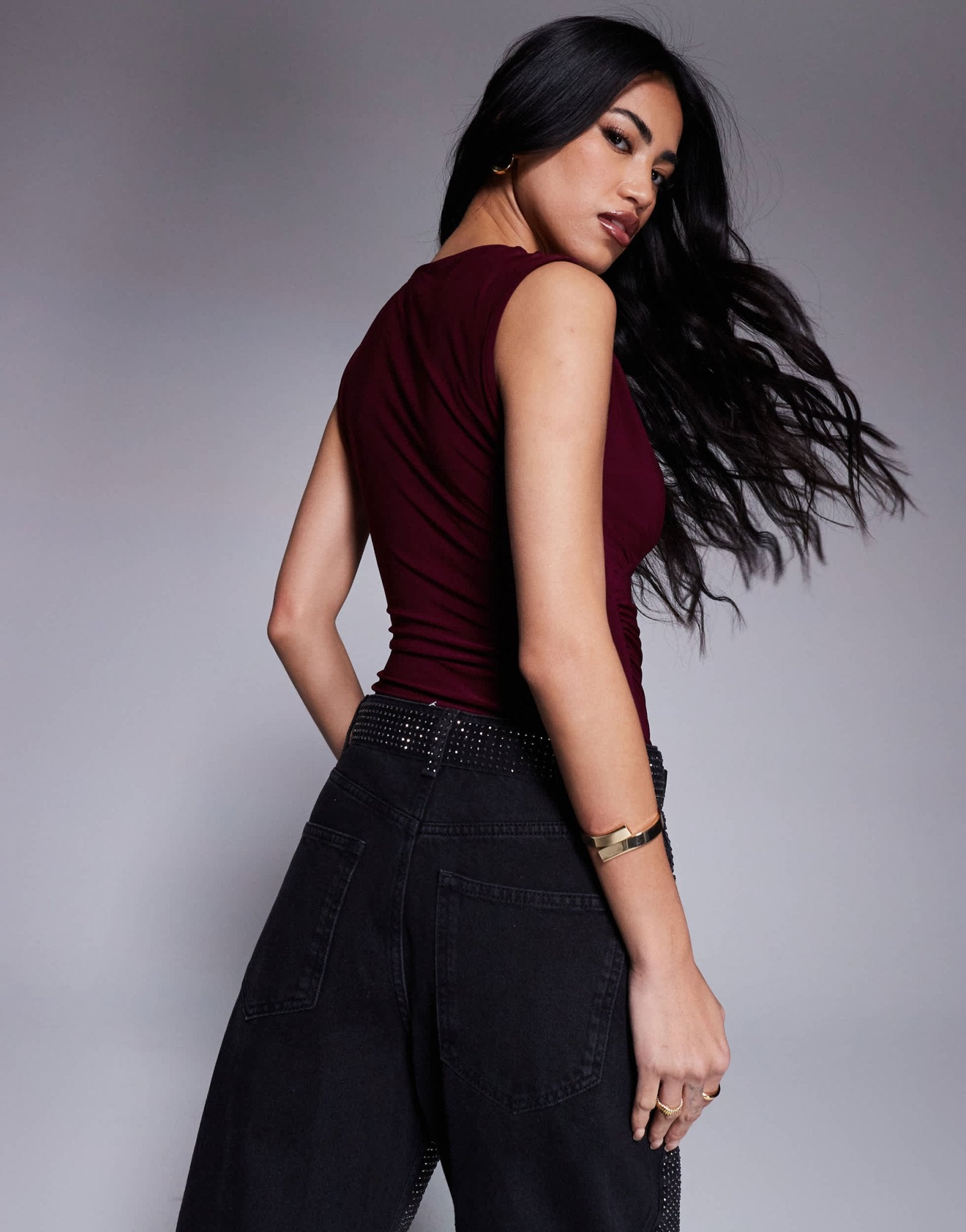 River Island ruched wrap bodysuit in burgundy - ASOS Sample Sale EU Store