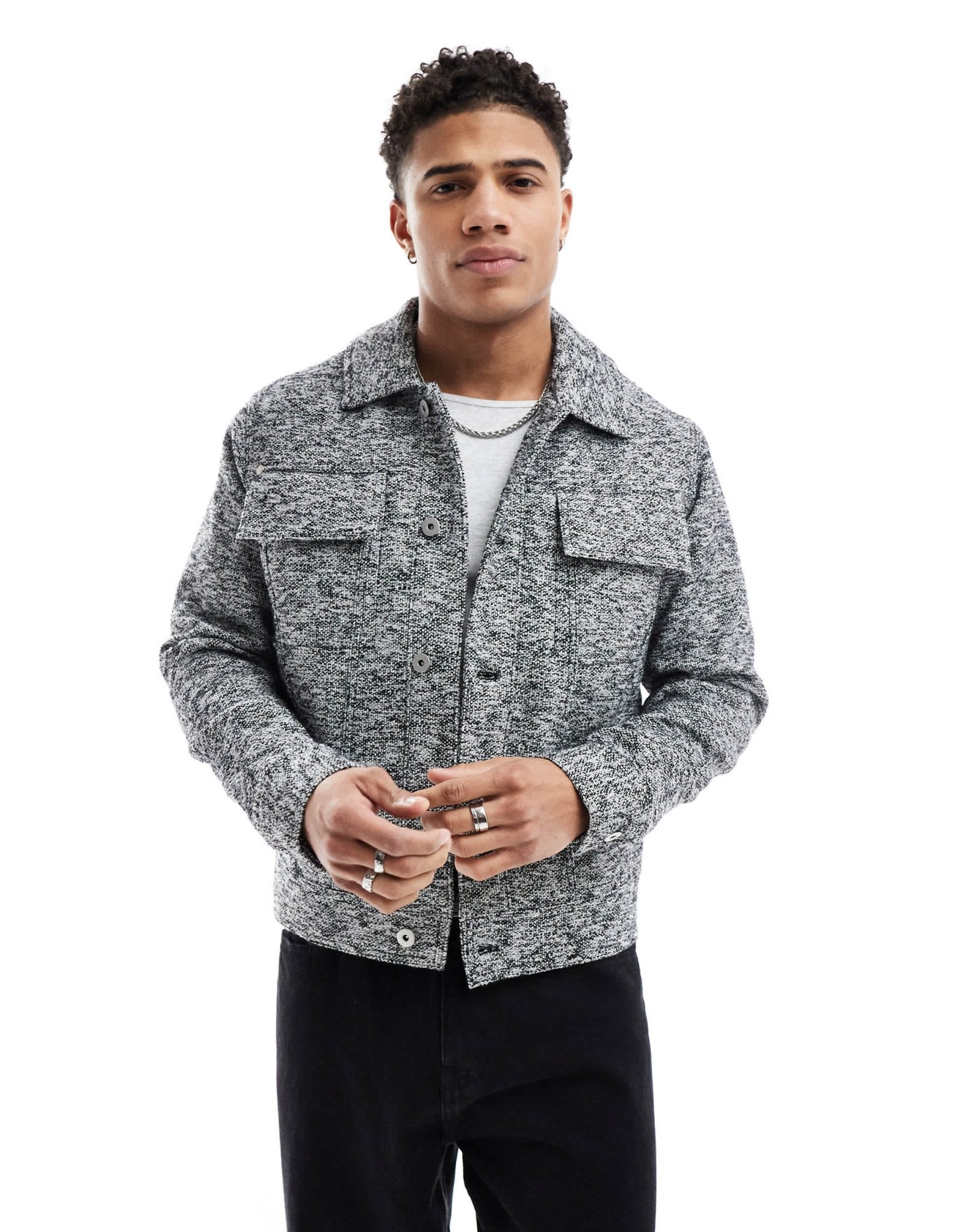 River Island salt and pepper trucker jacket in grey - ASOS Sample Sale EU Store