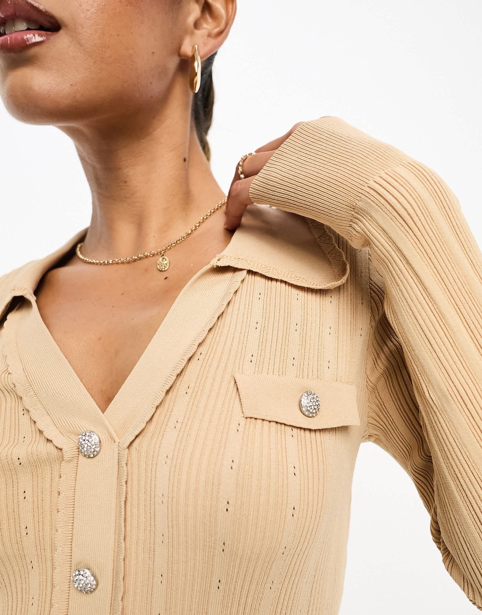River Island scallop ribbed polo top in light brown - ASOS Sample Sale EU Store