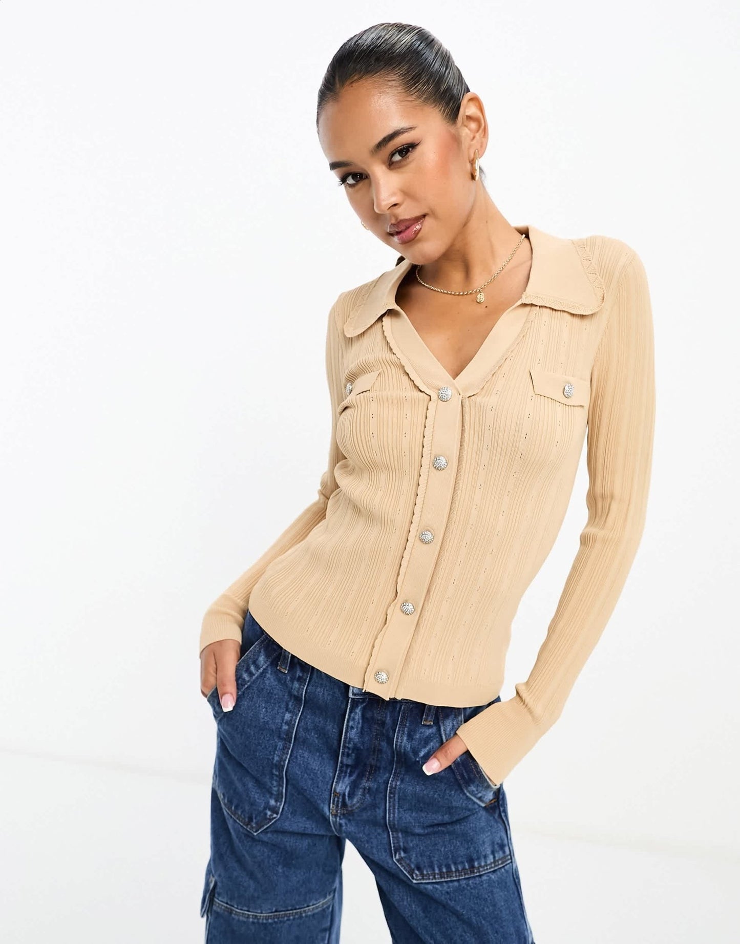 River Island scallop ribbed polo top in light brown - ASOS Sample Sale EU Store