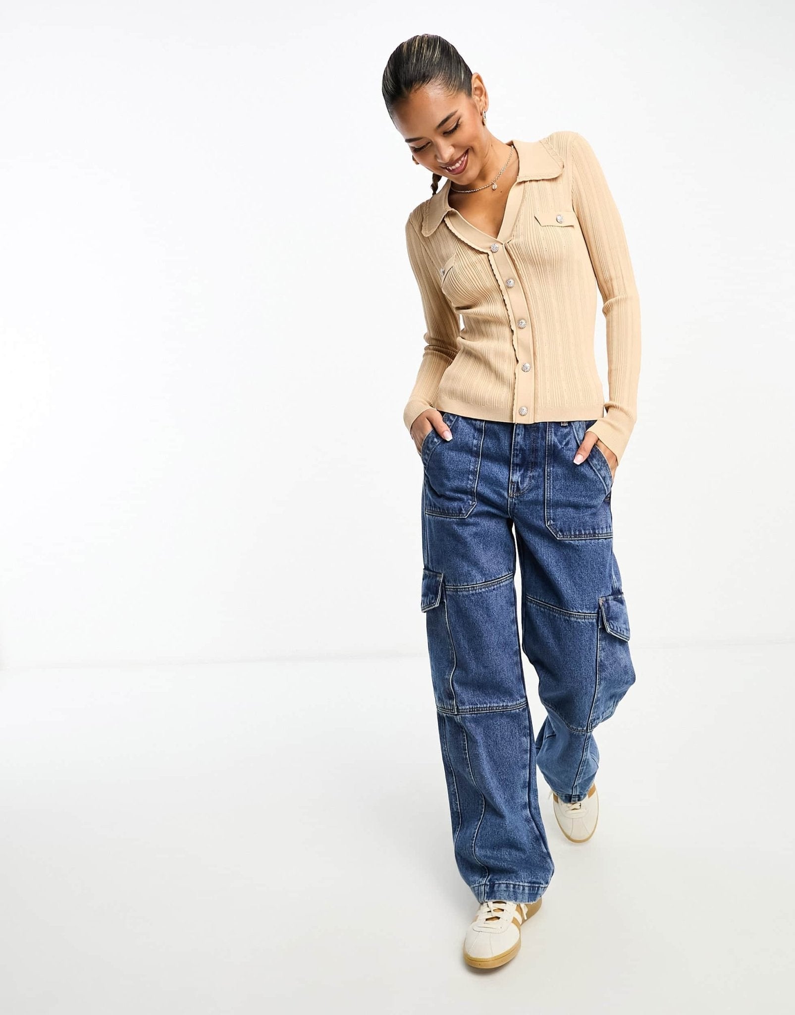 River Island scallop ribbed polo top in light brown - ASOS Sample Sale EU Store