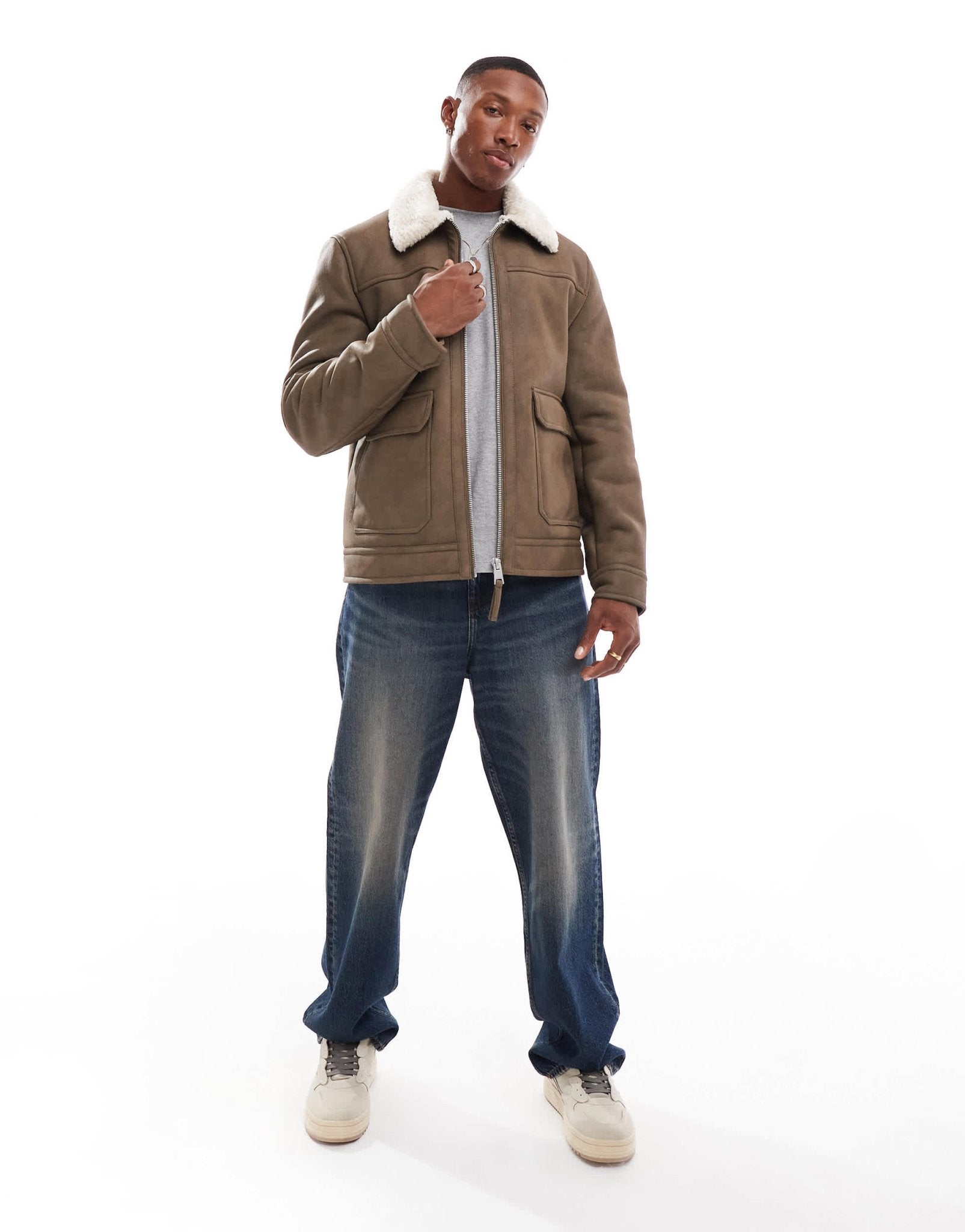 River Island shearling nubuck aviator jacket in beige - ASOS Sample Sale EU Store