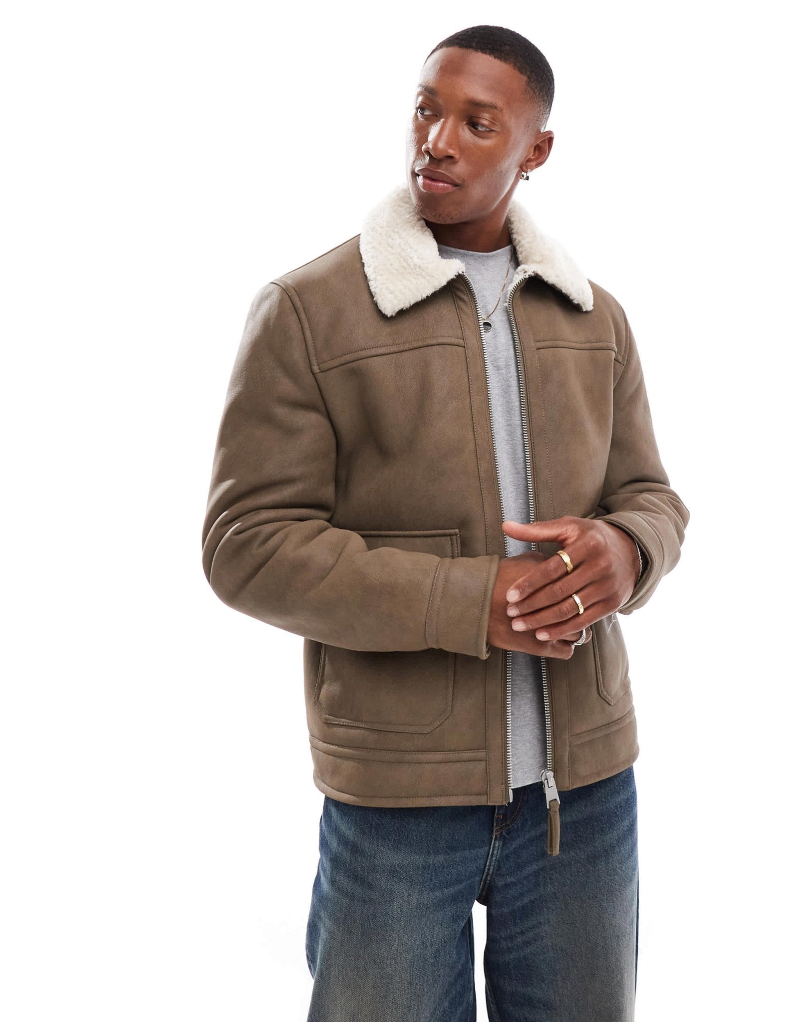 River Island shearling nubuck aviator jacket in beige - ASOS Sample Sale EU Store