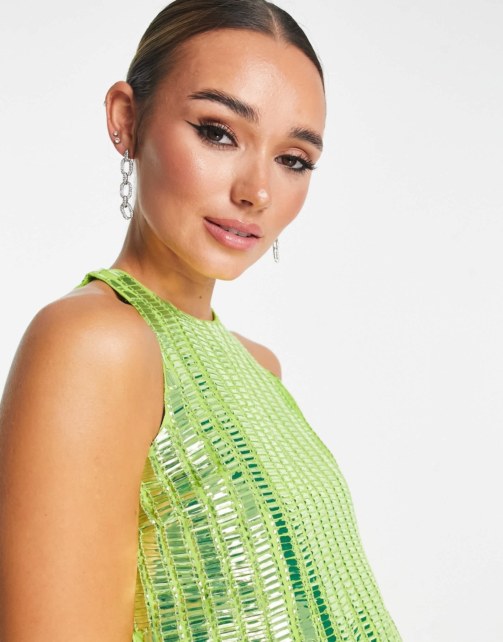 River Island square neck embellished mini dress in green - ASOS Sample Sale EU Store