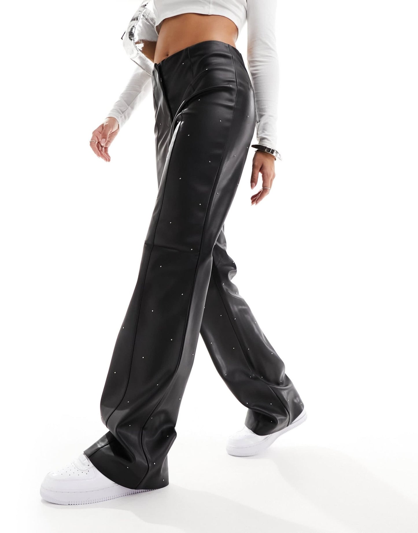 River Island straight leg PU trouser with studded detail in black - ASOS Sample Sale EU Store