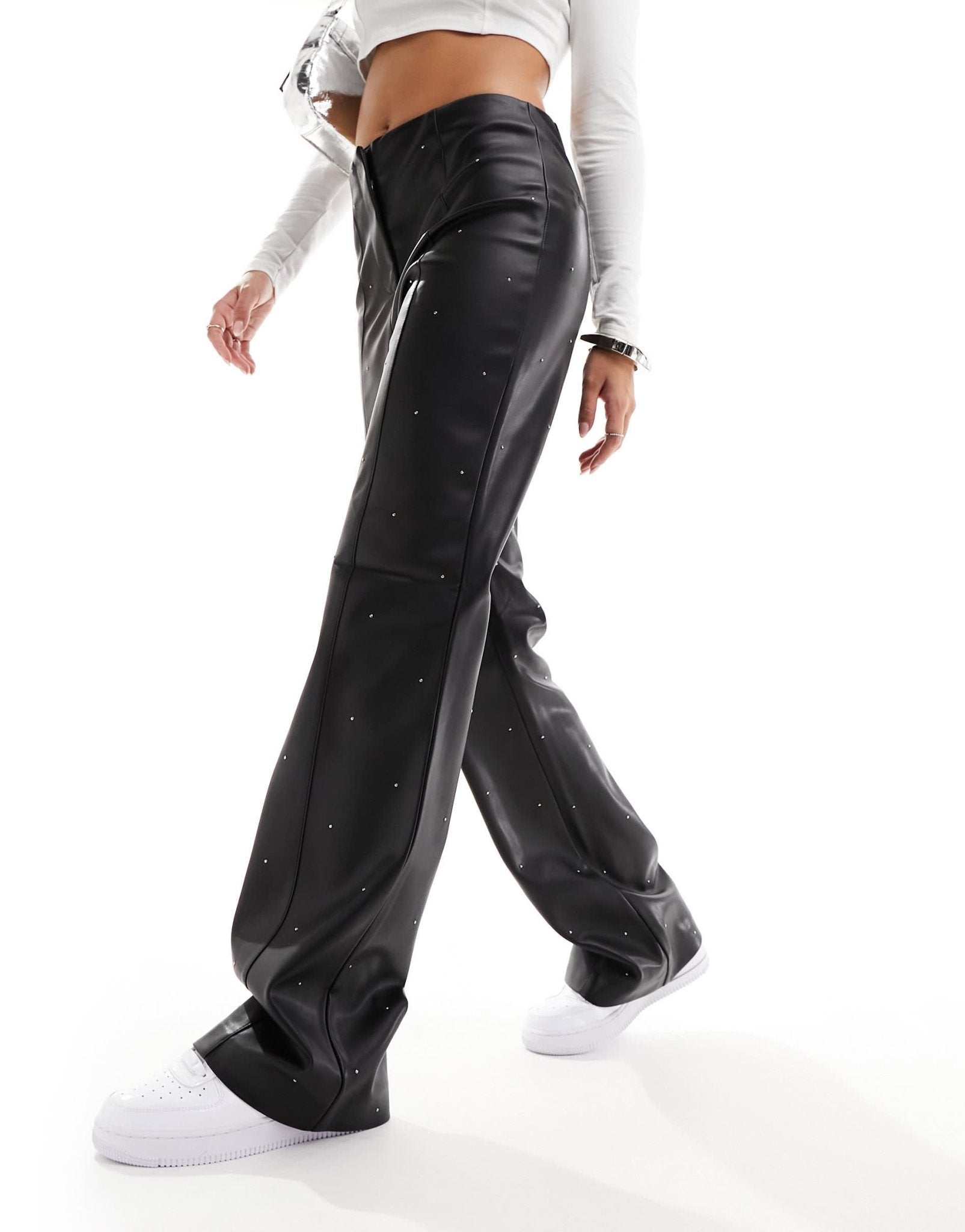 River Island straight leg PU trouser with studded detail in black - ASOS Sample Sale EU Store
