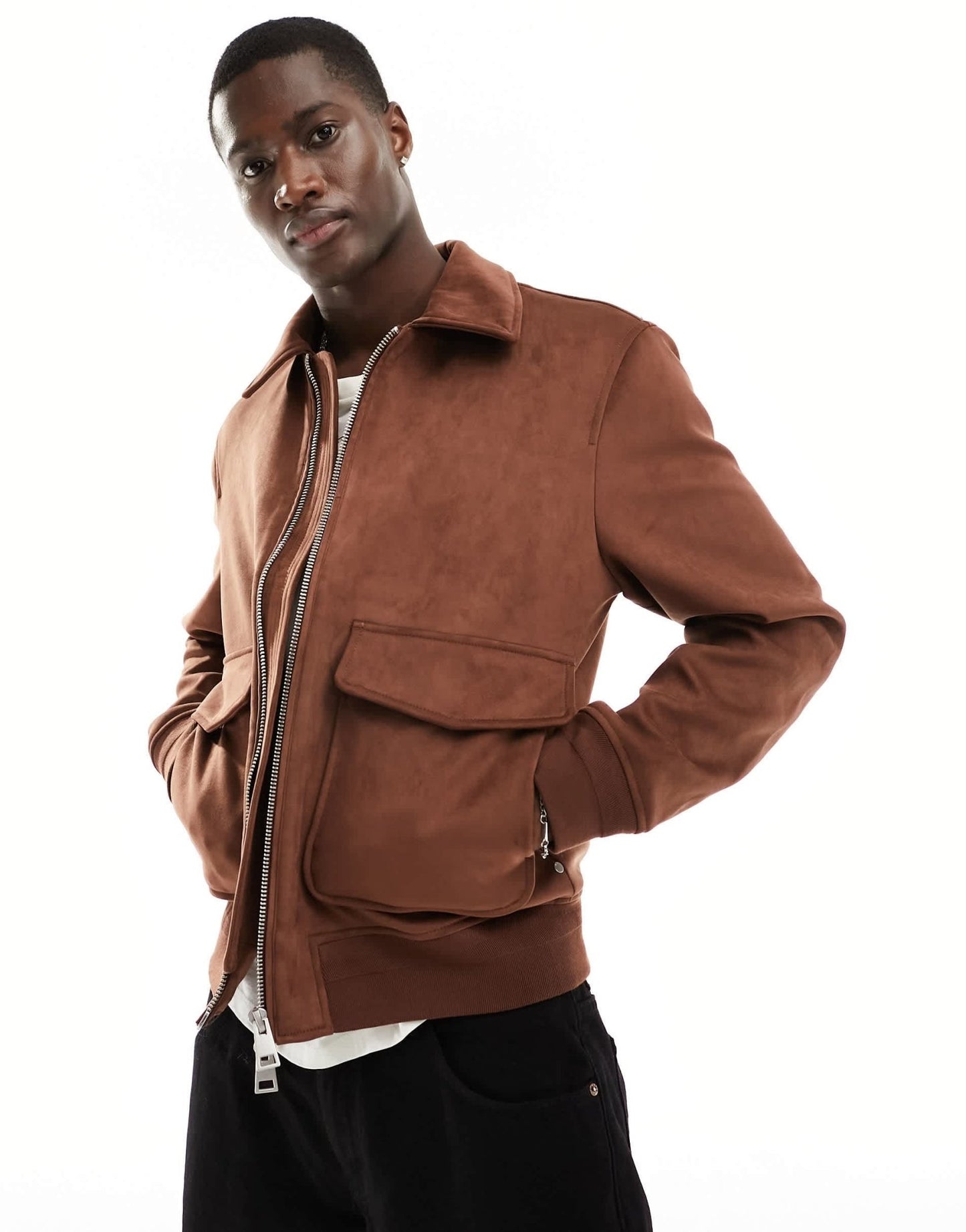 River Island suedette bomber jacket in brown - ASOS Sample Sale EU Store