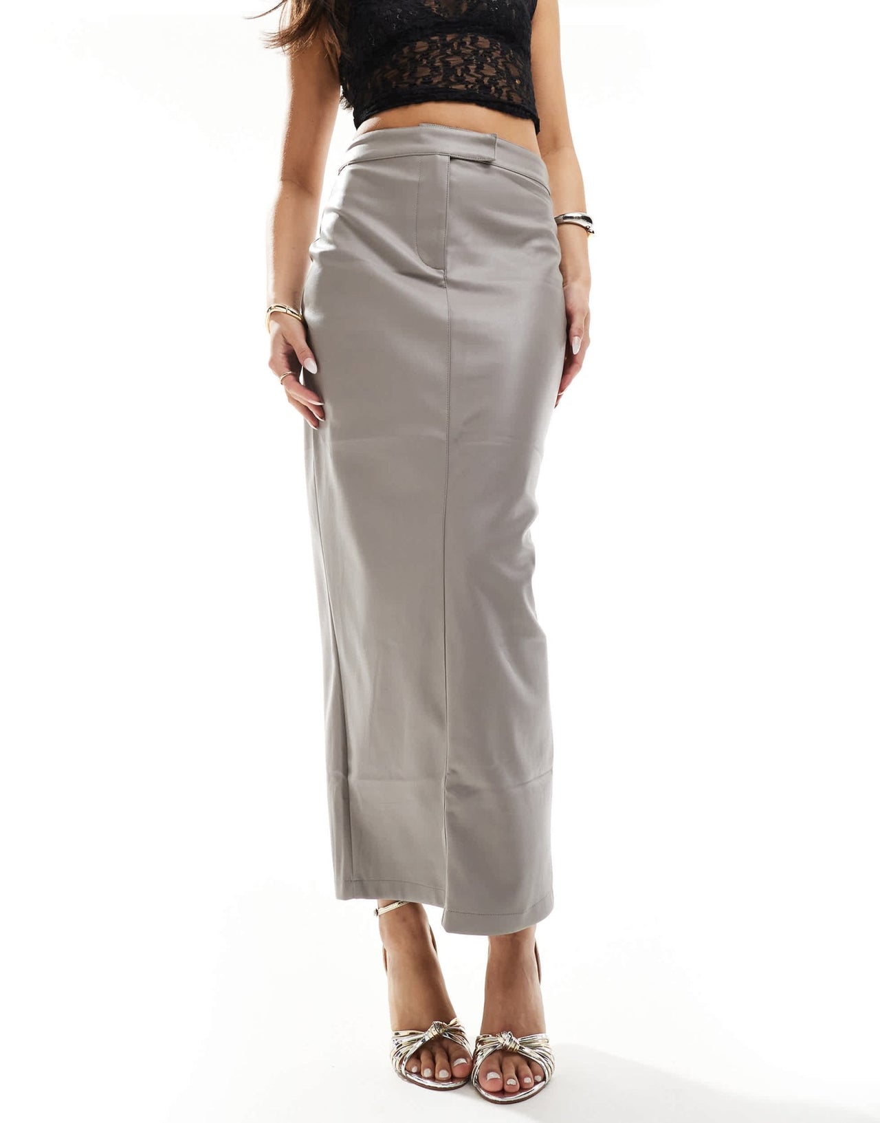 River Island tailored faux leather midaxi skirt in light grey - ASOS Sample Sale EU Store