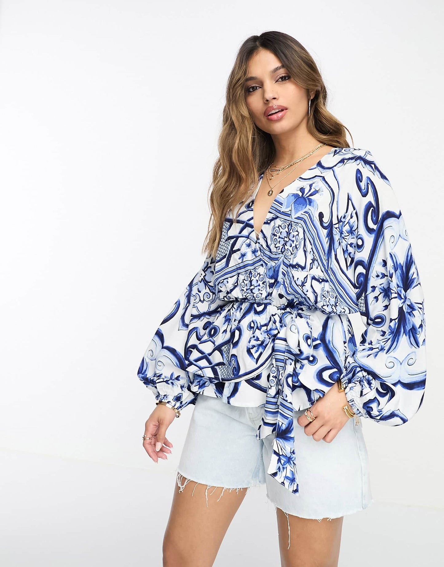 River Island tile print kimono wrap top in blue - ASOS Sample Sale EU Store
