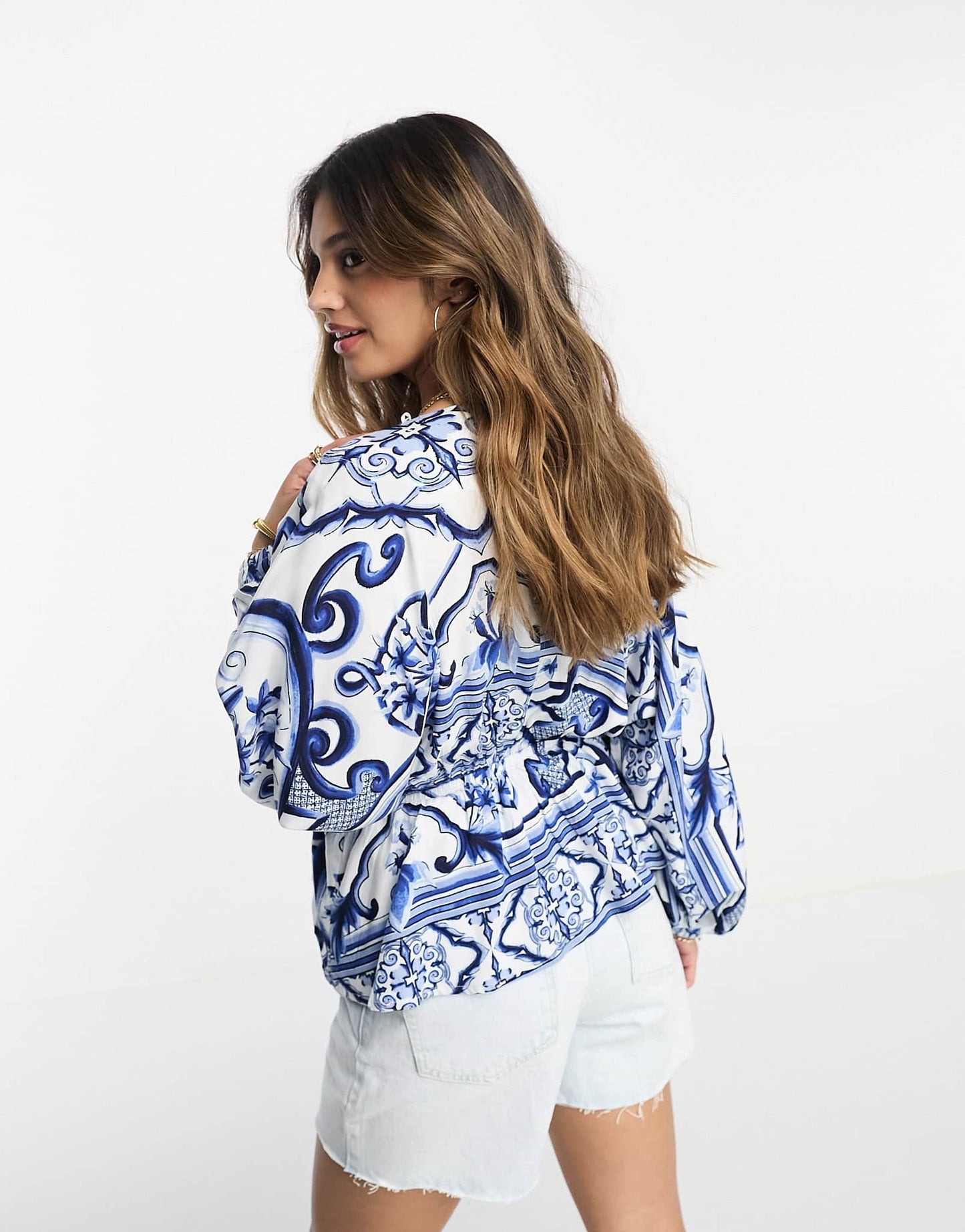 River Island tile print kimono wrap top in blue - ASOS Sample Sale EU Store