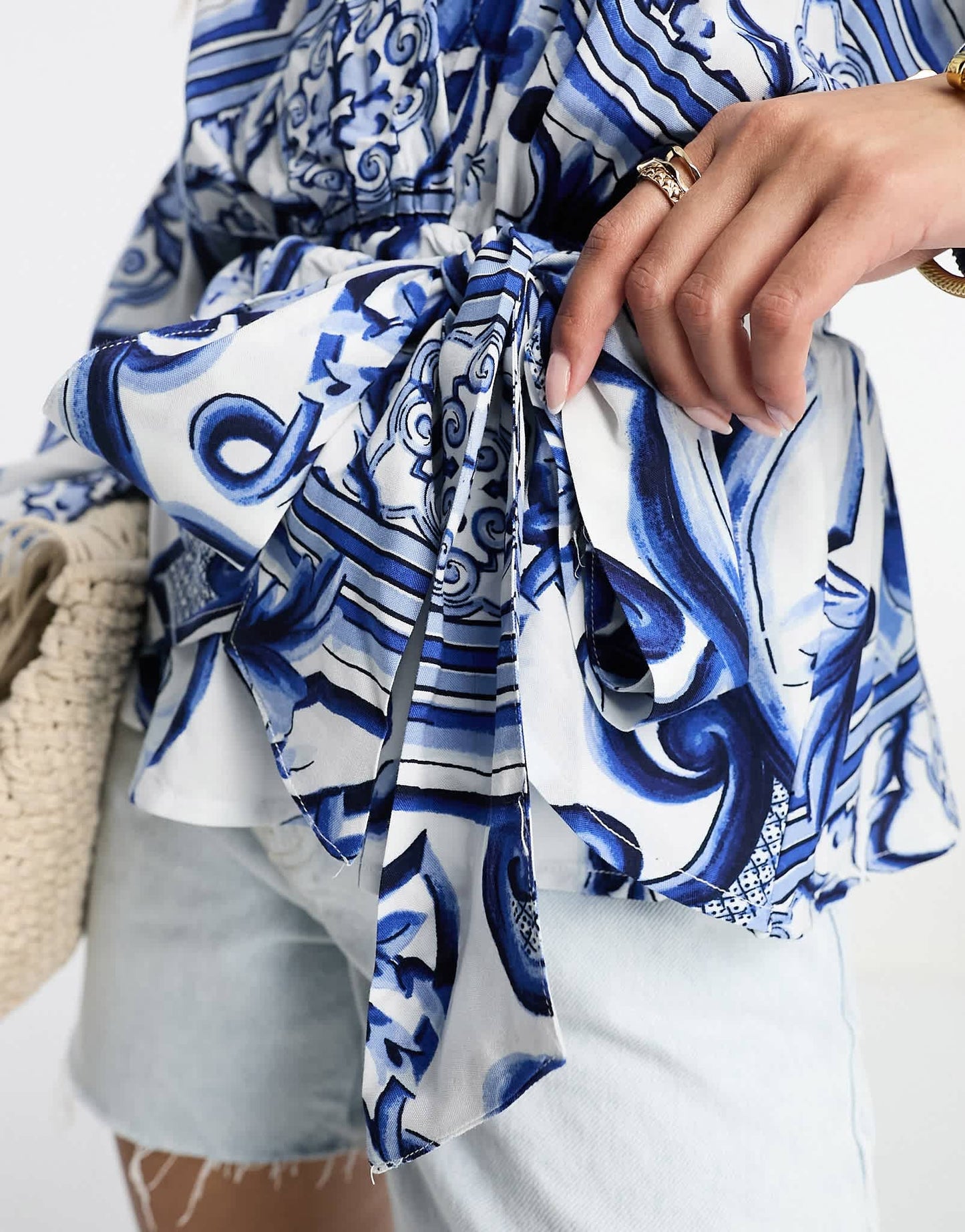 River Island tile print kimono wrap top in blue - ASOS Sample Sale EU Store