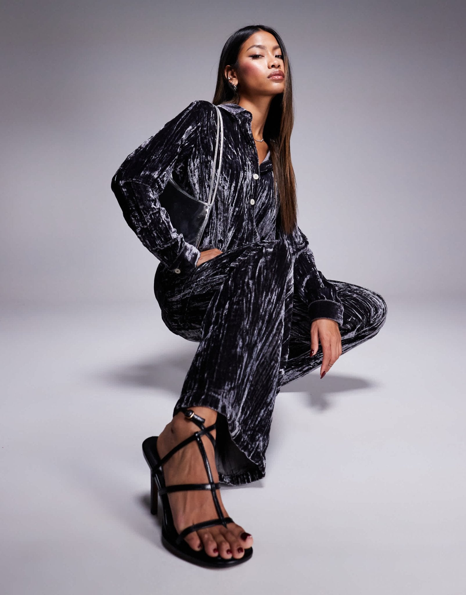 River Island velvet wide leg trouser co - ord in grey - ASOS Sample Sale EU Store