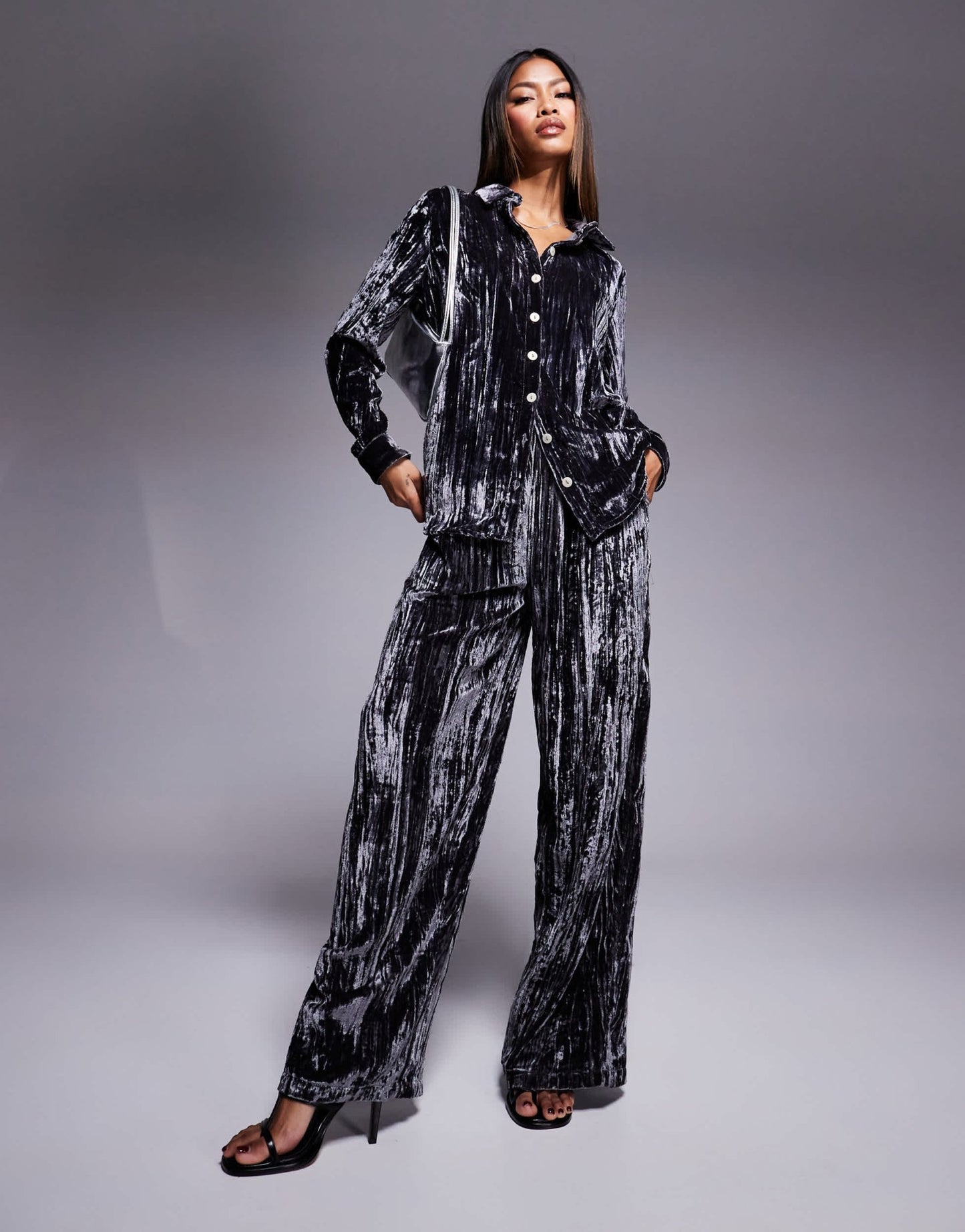 River Island velvet wide leg trouser co - ord in grey - ASOS Sample Sale EU Store