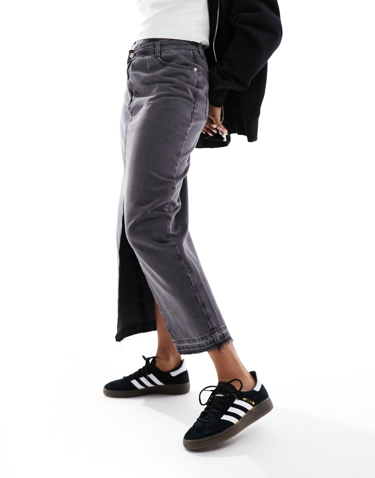 River Island wrapover waist denim maxi skirt in dark grey - ASOS Sample Sale EU Store