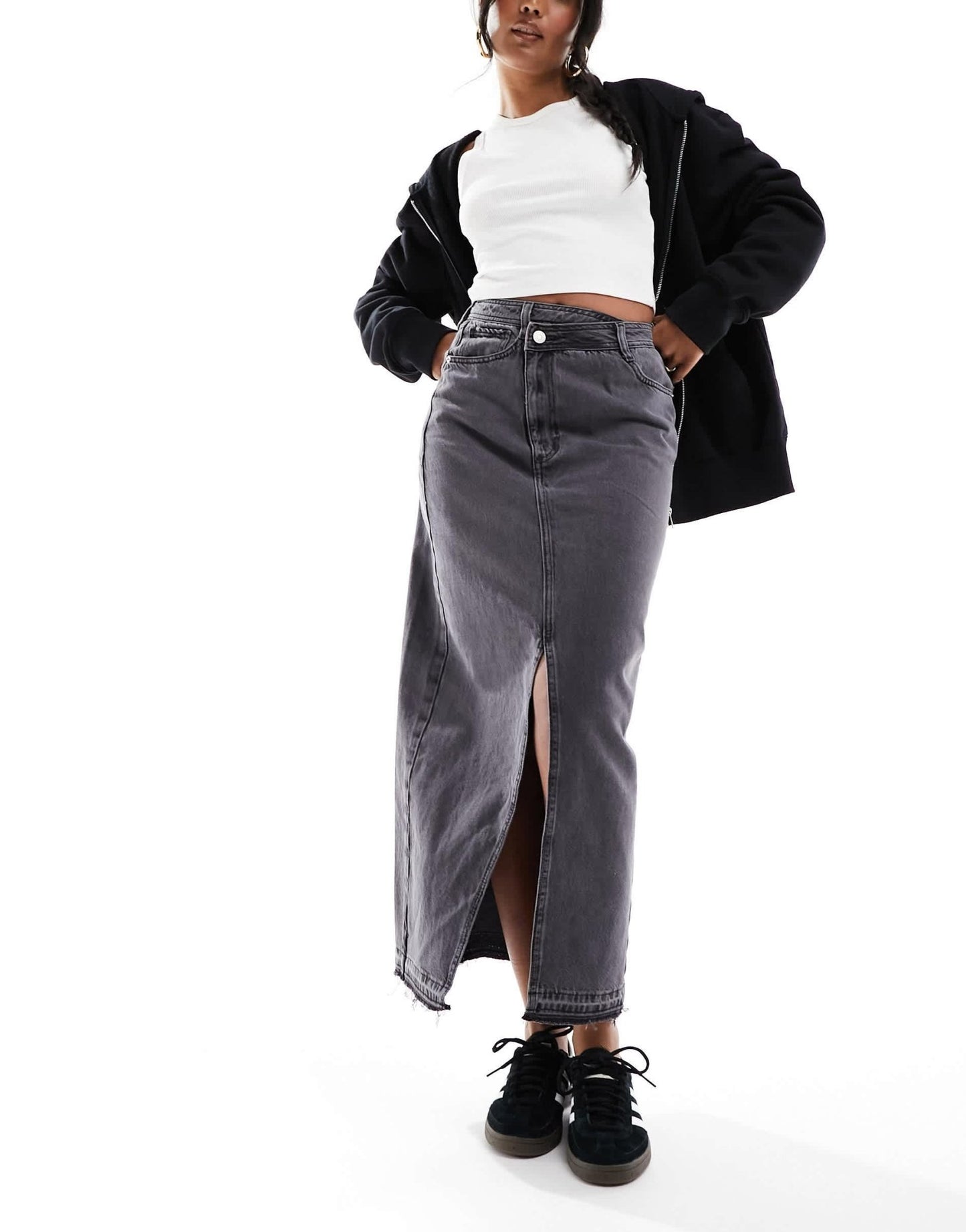 River Island wrapover waist denim maxi skirt in dark grey - ASOS Sample Sale EU Store