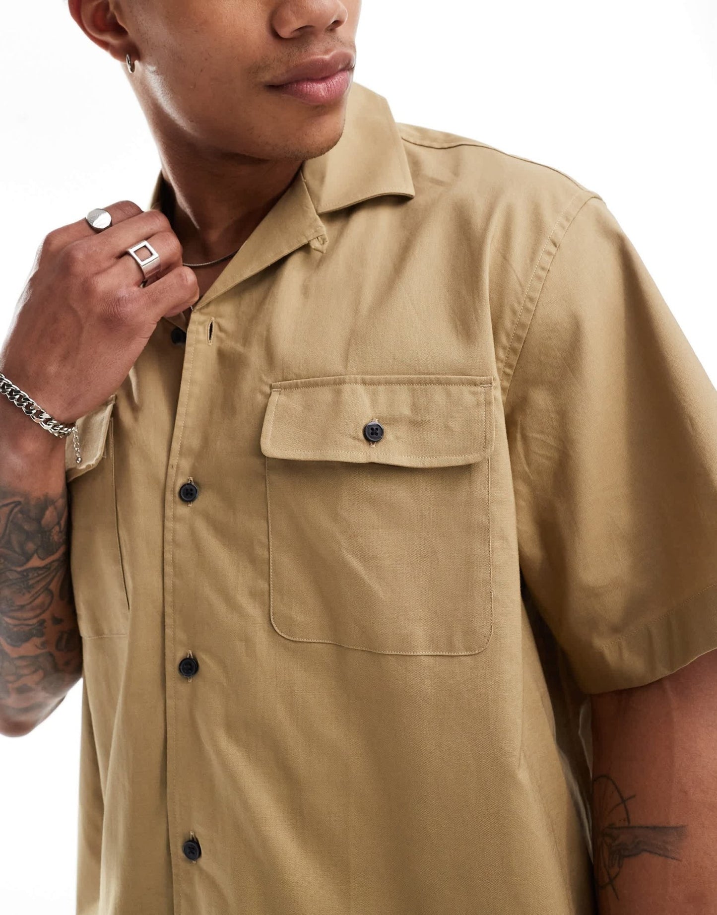 Selected boxy oversized revere collar shirt with double pockets in beige - ASOS Sample Sale EU Store