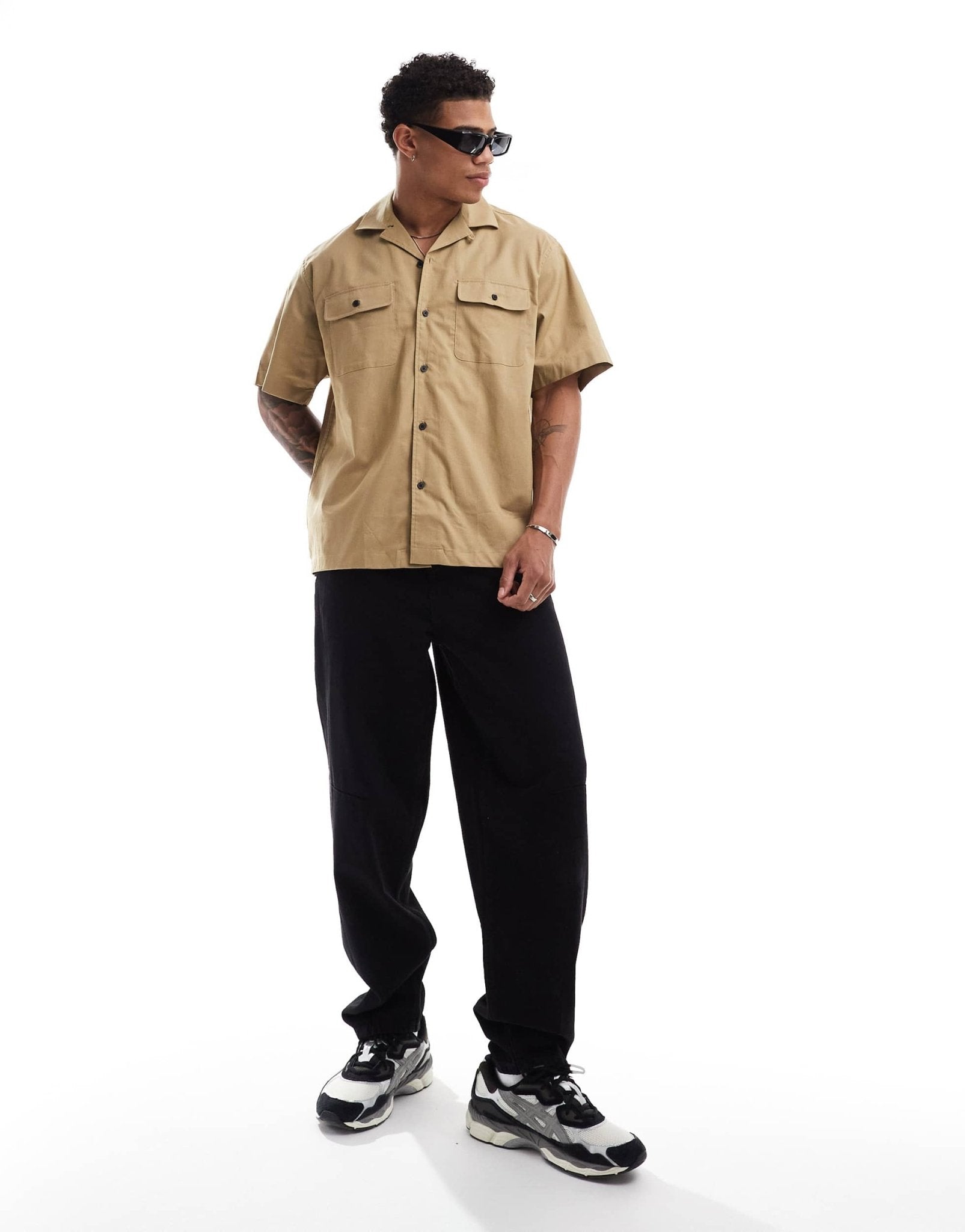 Selected boxy oversized revere collar shirt with double pockets in beige - ASOS Sample Sale EU Store