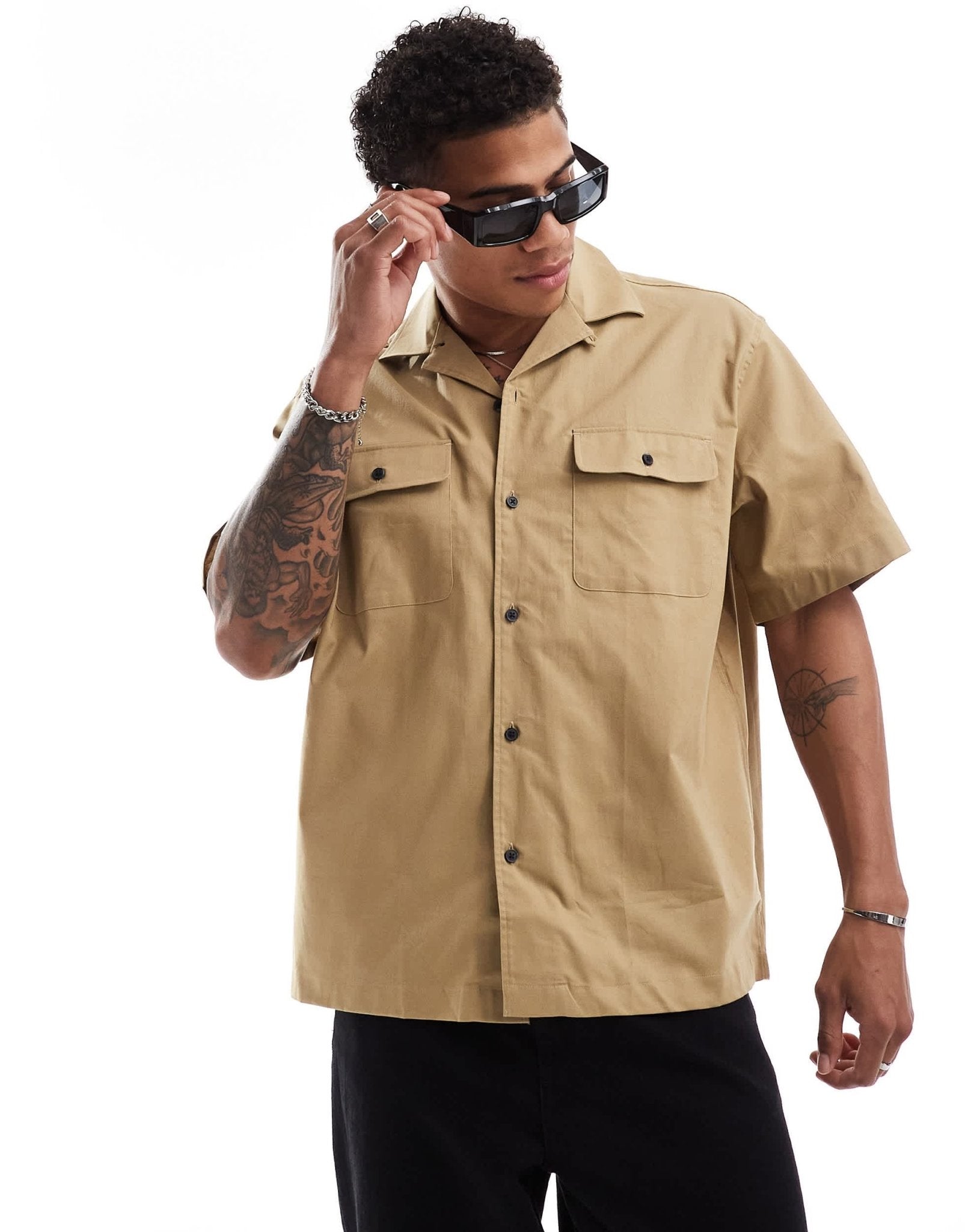 Selected boxy oversized revere collar shirt with double pockets in beige - ASOS Sample Sale EU Store
