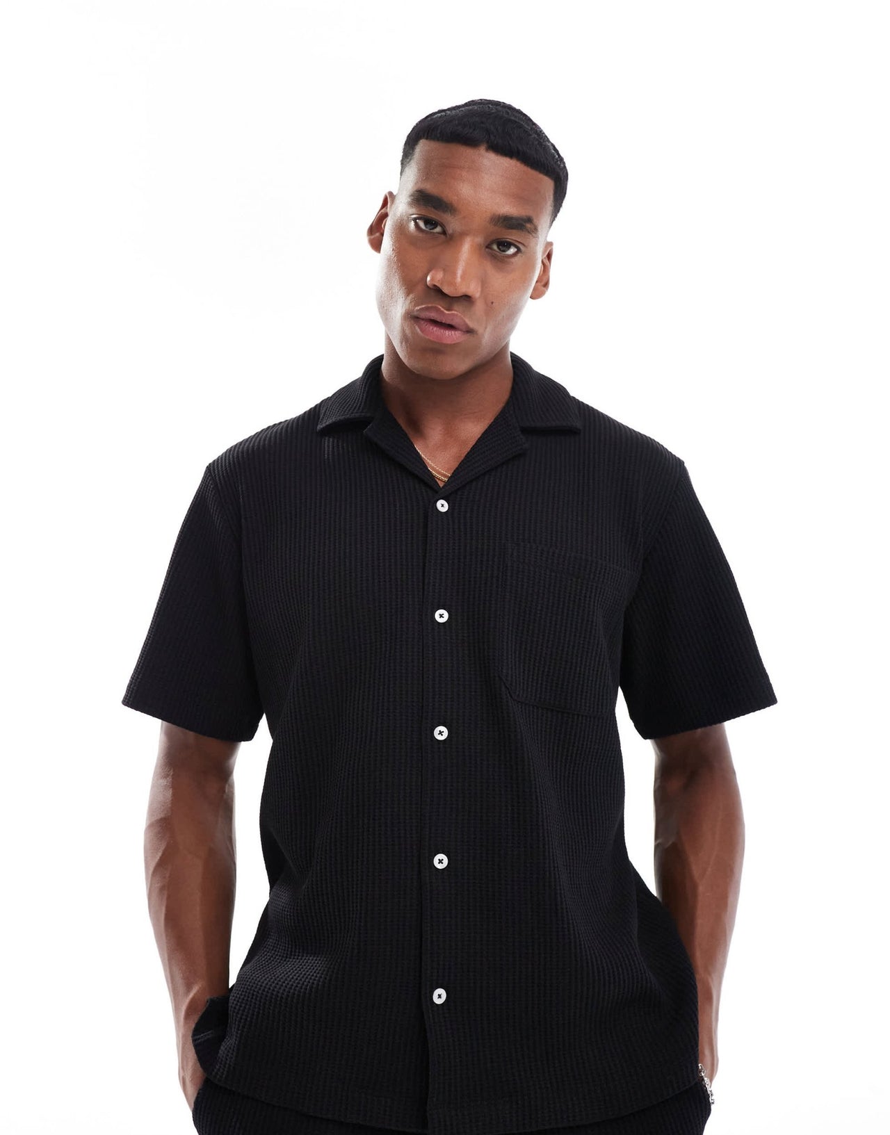 Selected co - ord waffle revere collar shirt in black - ASOS Sample Sale EU Store