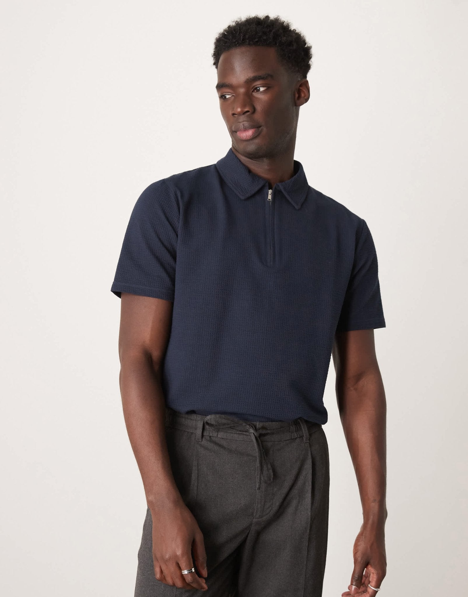 Selected half zip seersucker polo shirt in navy - ASOS Sample Sale EU Store