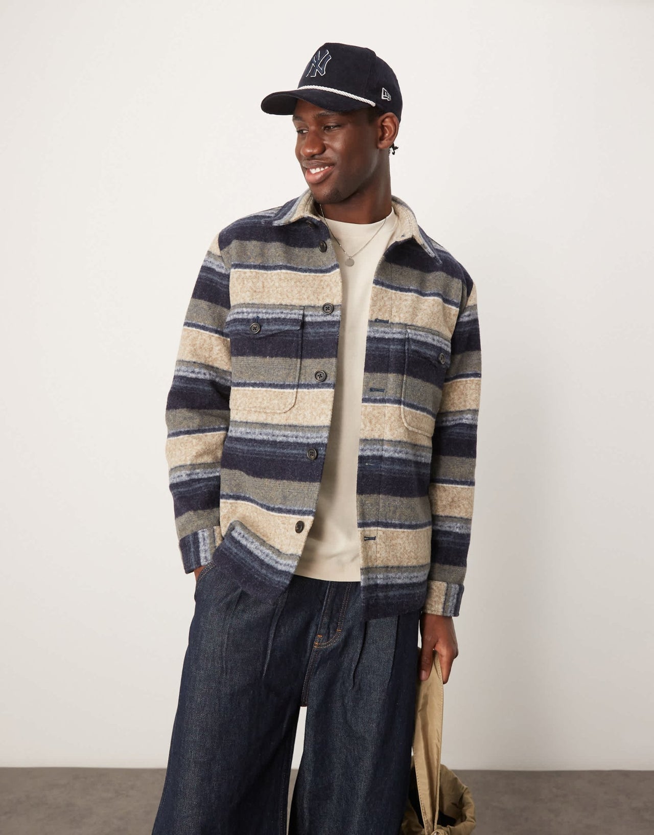 Selected overshirt shacket in cream navy stripe with pockets - ASOS Sample Sale EU Store
