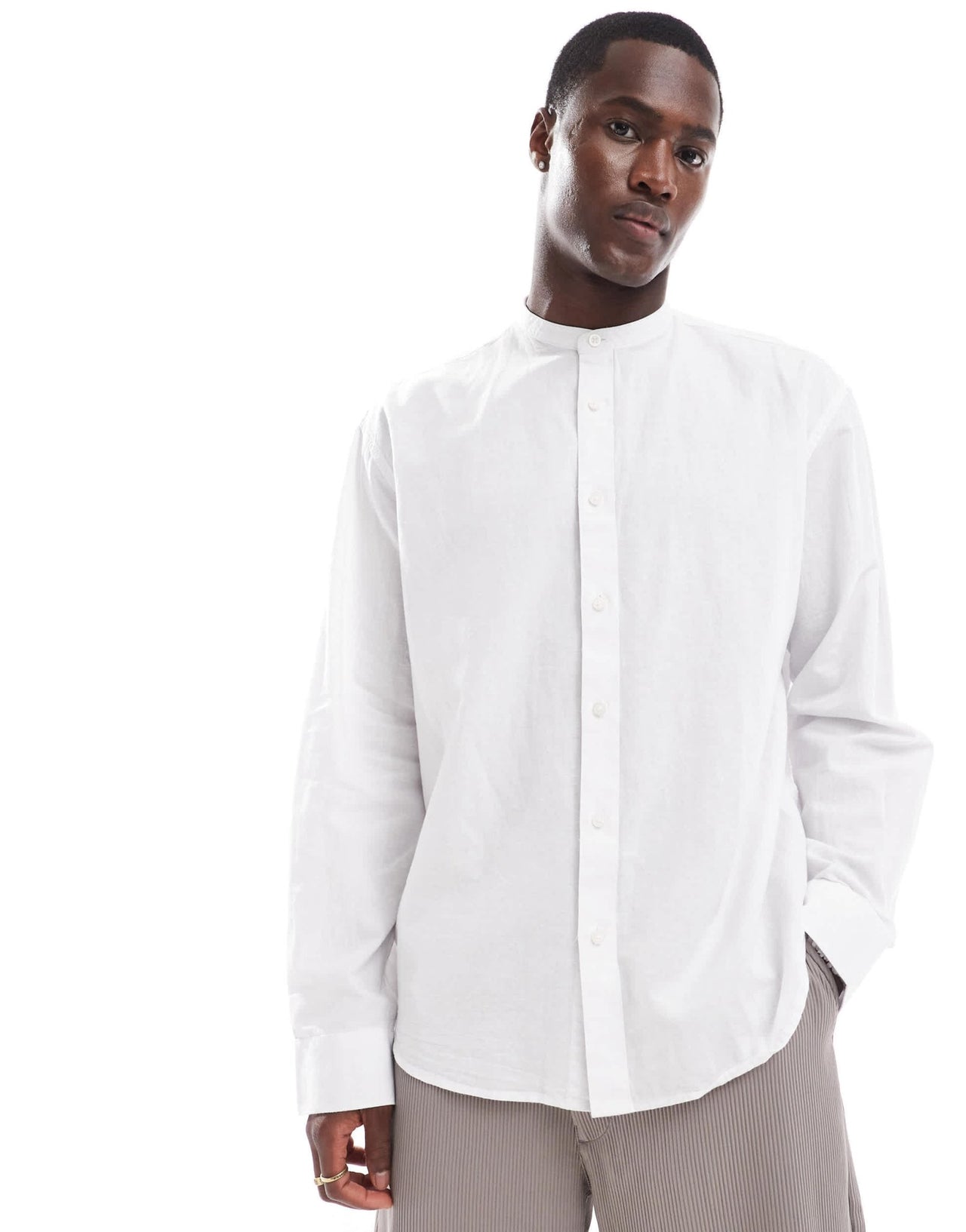 Selected oversized linen mix grandad collar shirt in white - ASOS Sample Sale EU Store