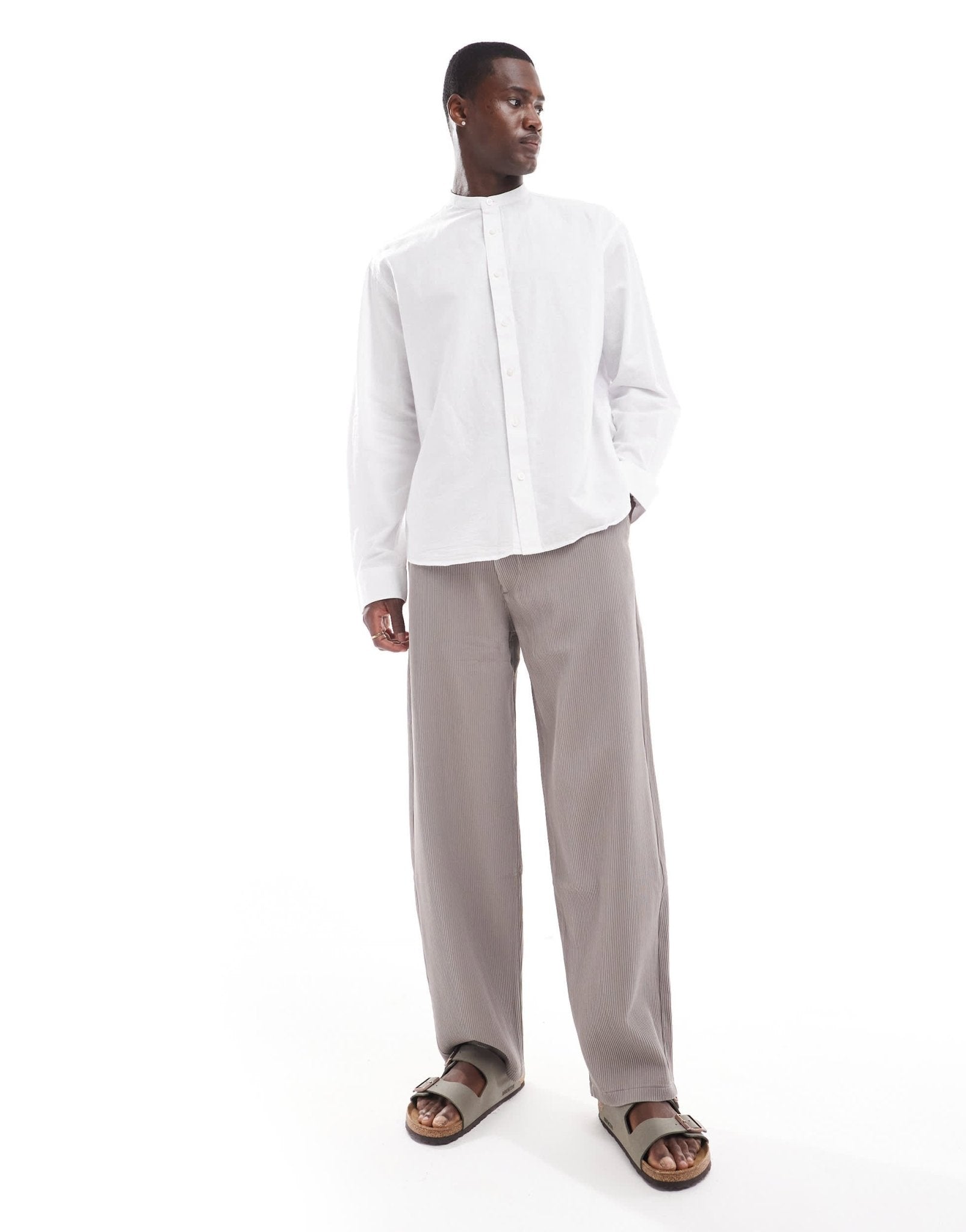 Selected oversized linen mix grandad collar shirt in white - ASOS Sample Sale EU Store