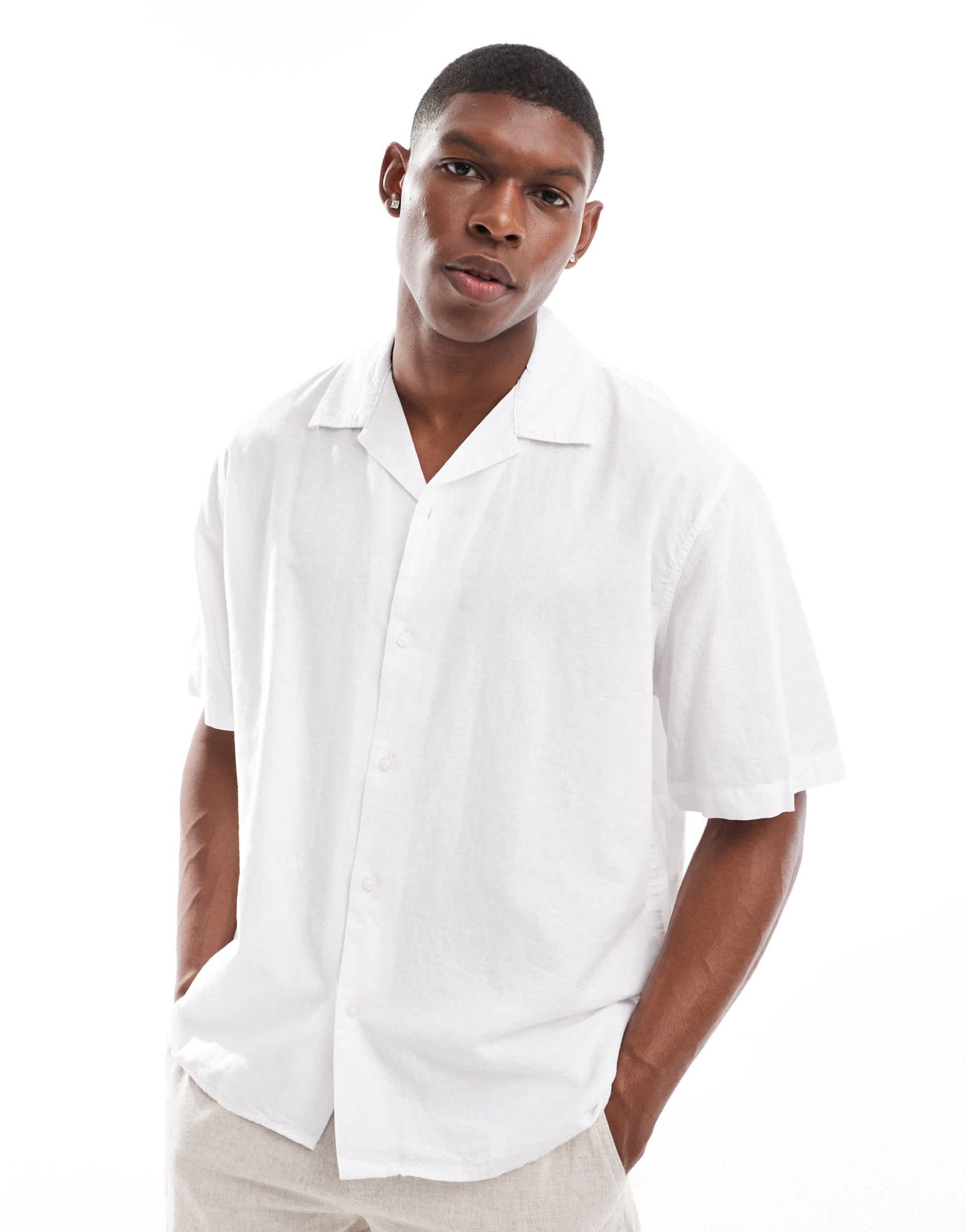 Selected oversized linen mix revere collar shirt in white - ASOS Sample Sale EU Store