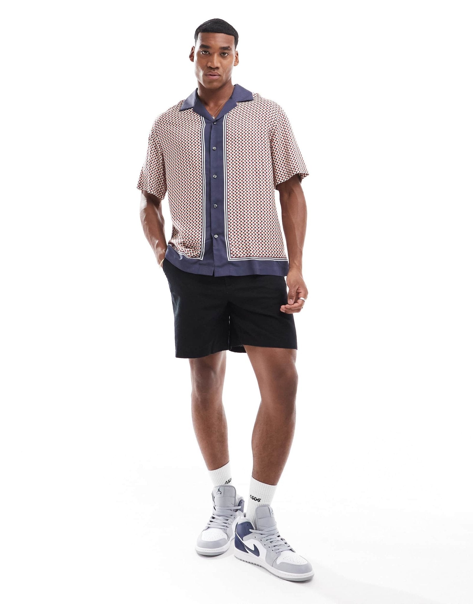 Selected oversized revere collar shirt with boarder print in navy - ASOS Sample Sale EU Store