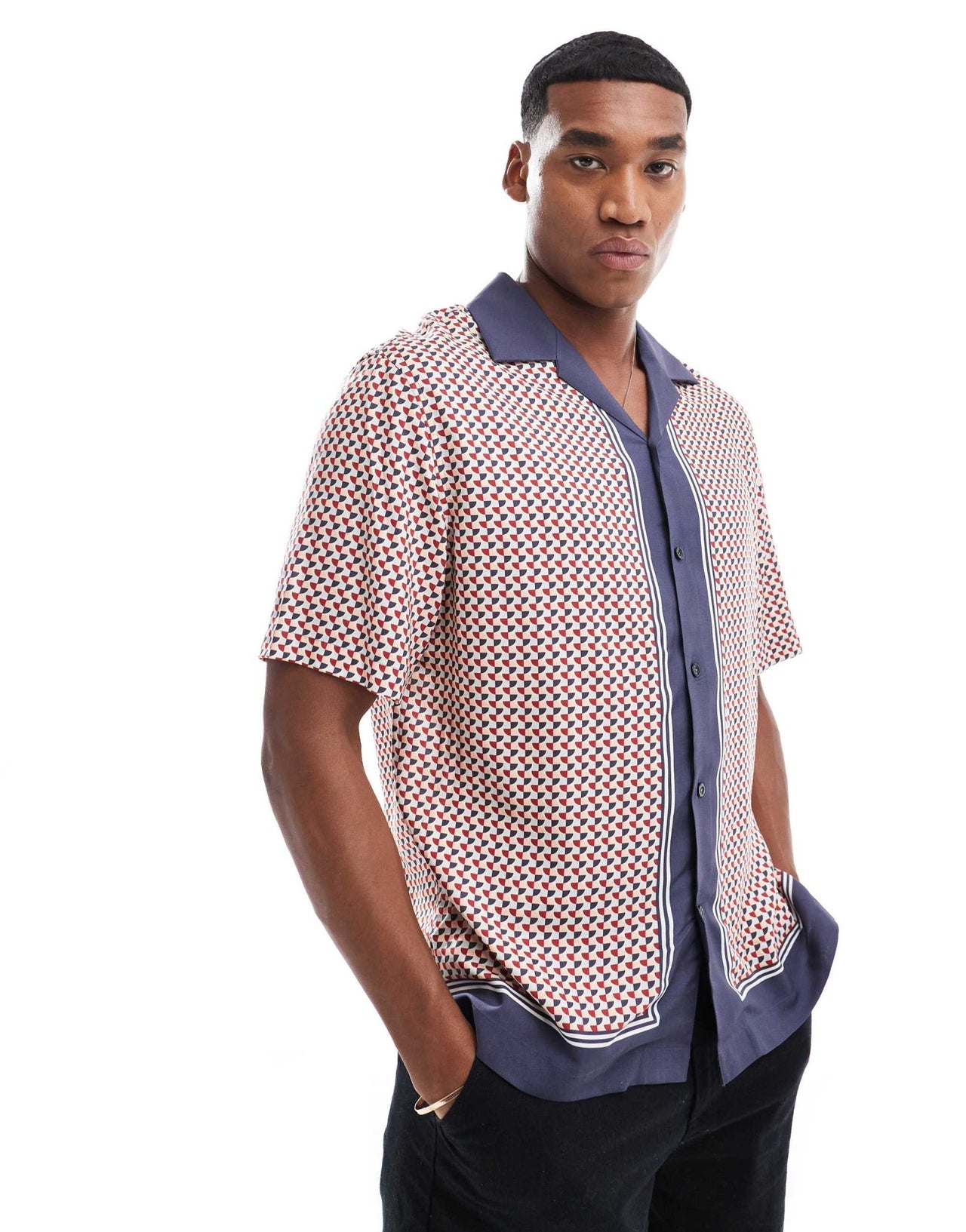 Selected oversized revere collar shirt with boarder print in navy - ASOS Sample Sale EU Store