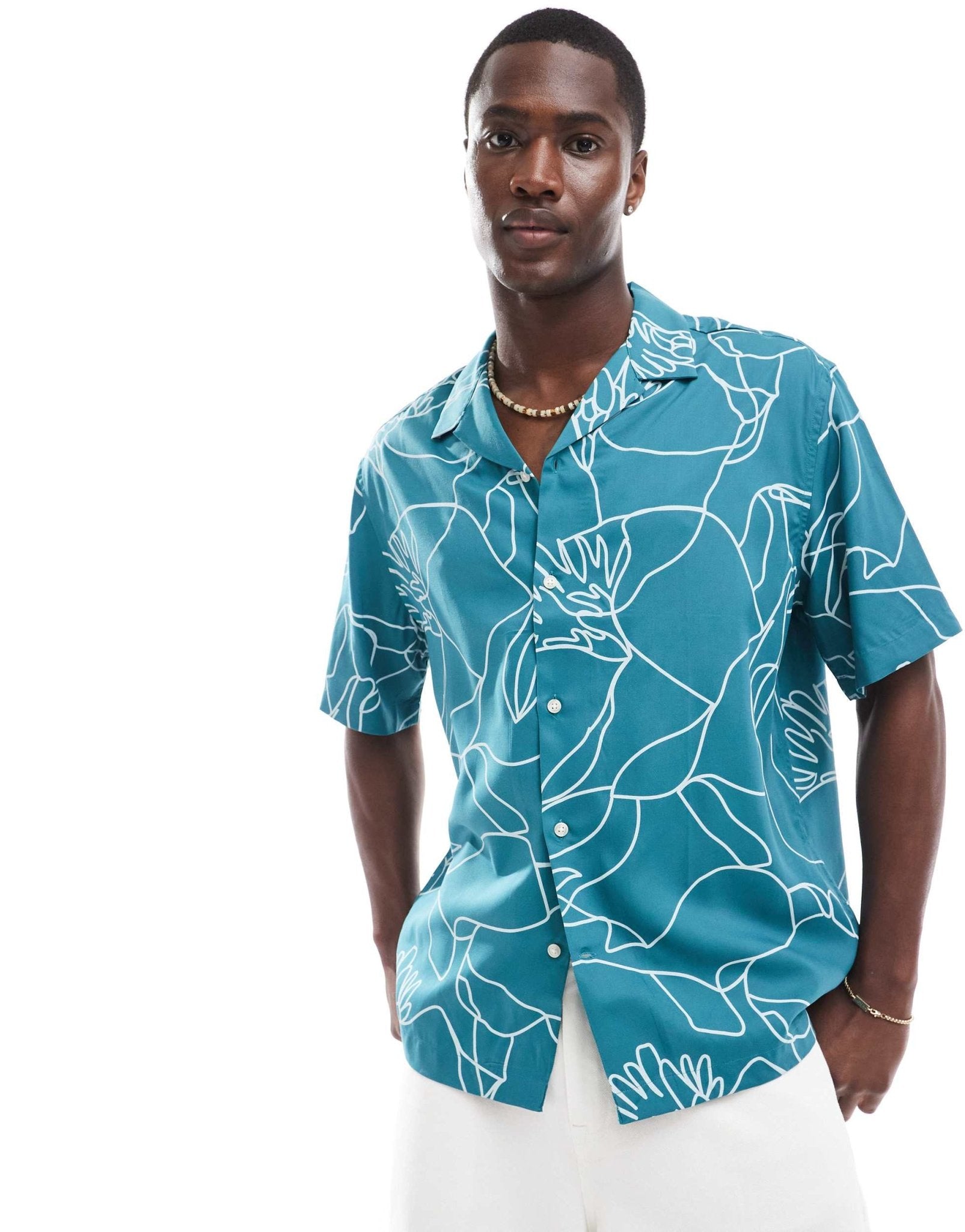 Selected oversized revere collar shirt with floral line print in green - ASOS Sample Sale EU Store