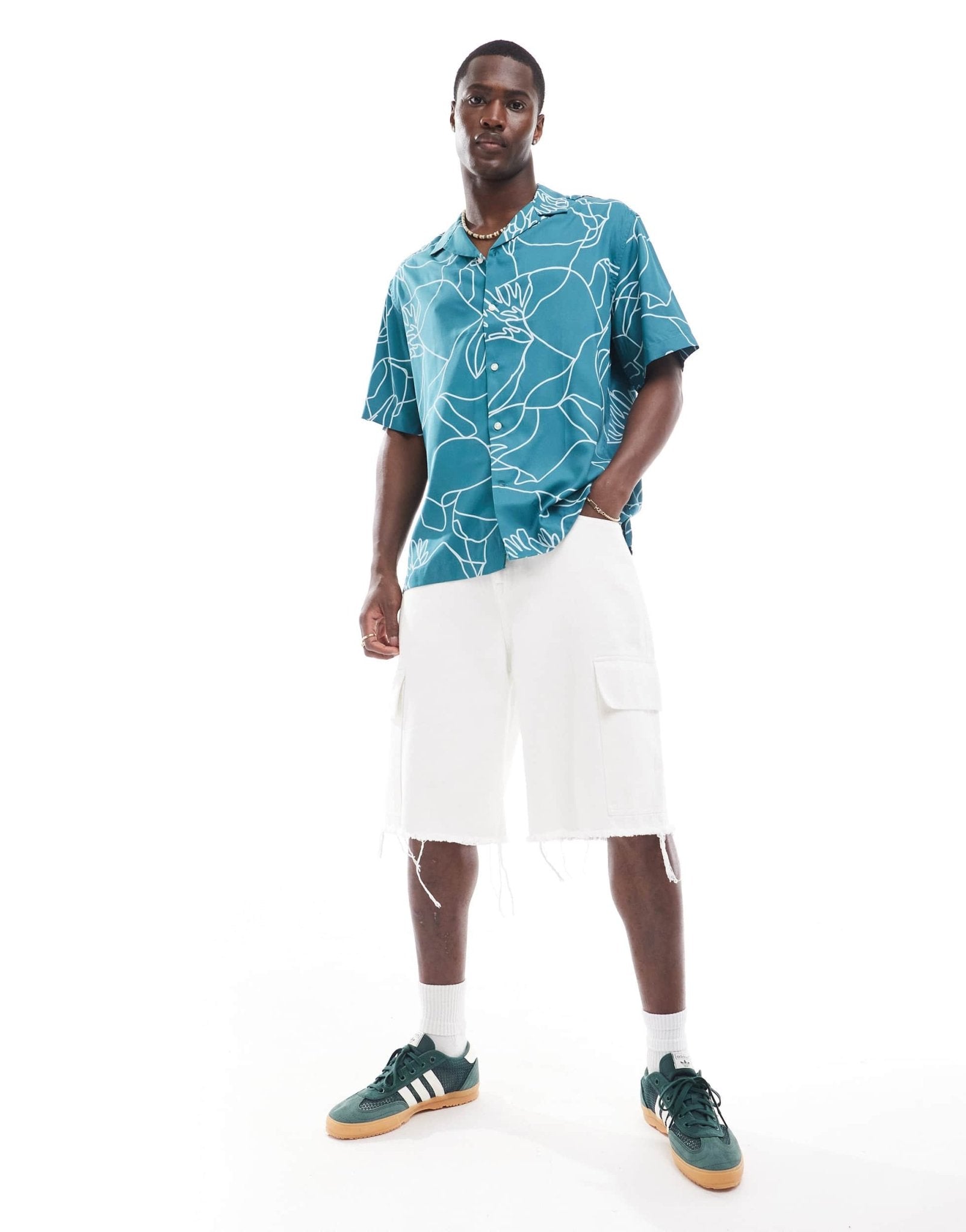 Selected oversized revere collar shirt with floral line print in green - ASOS Sample Sale EU Store