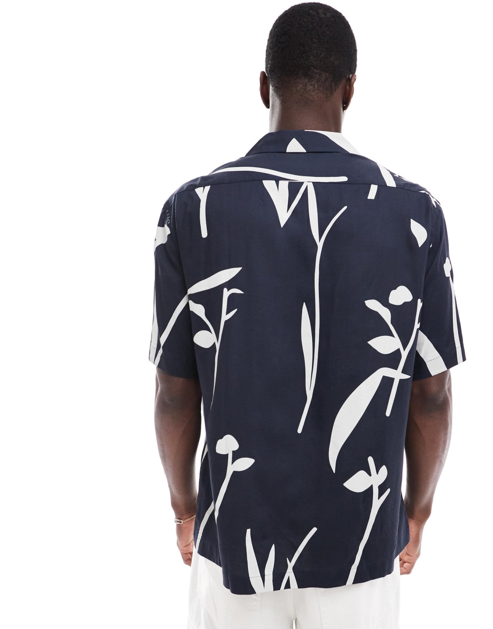 Selected oversized revere collar shirt with leaf print in navy - ASOS Sample Sale EU Store