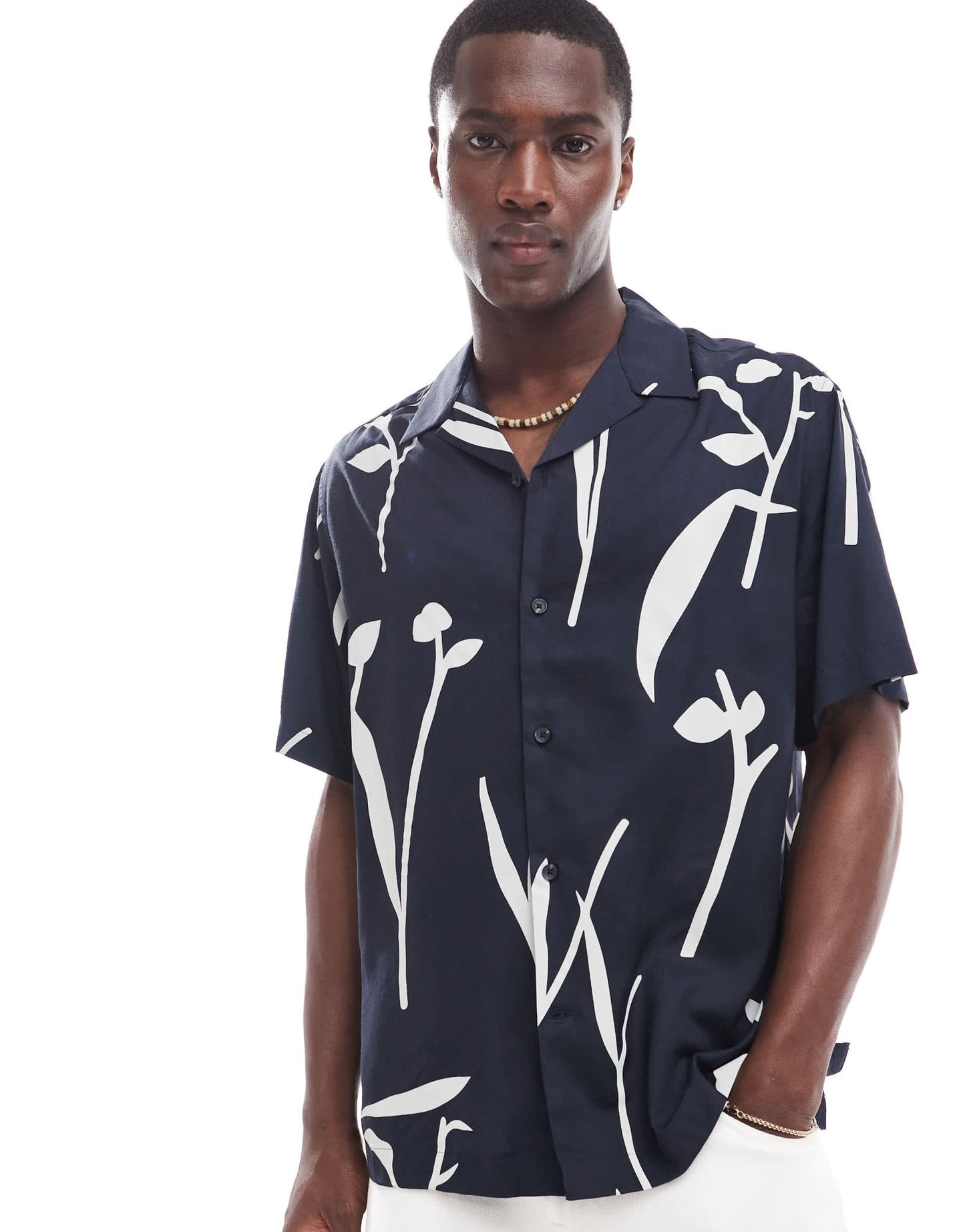 Selected oversized revere collar shirt with leaf print in navy - ASOS Sample Sale EU Store