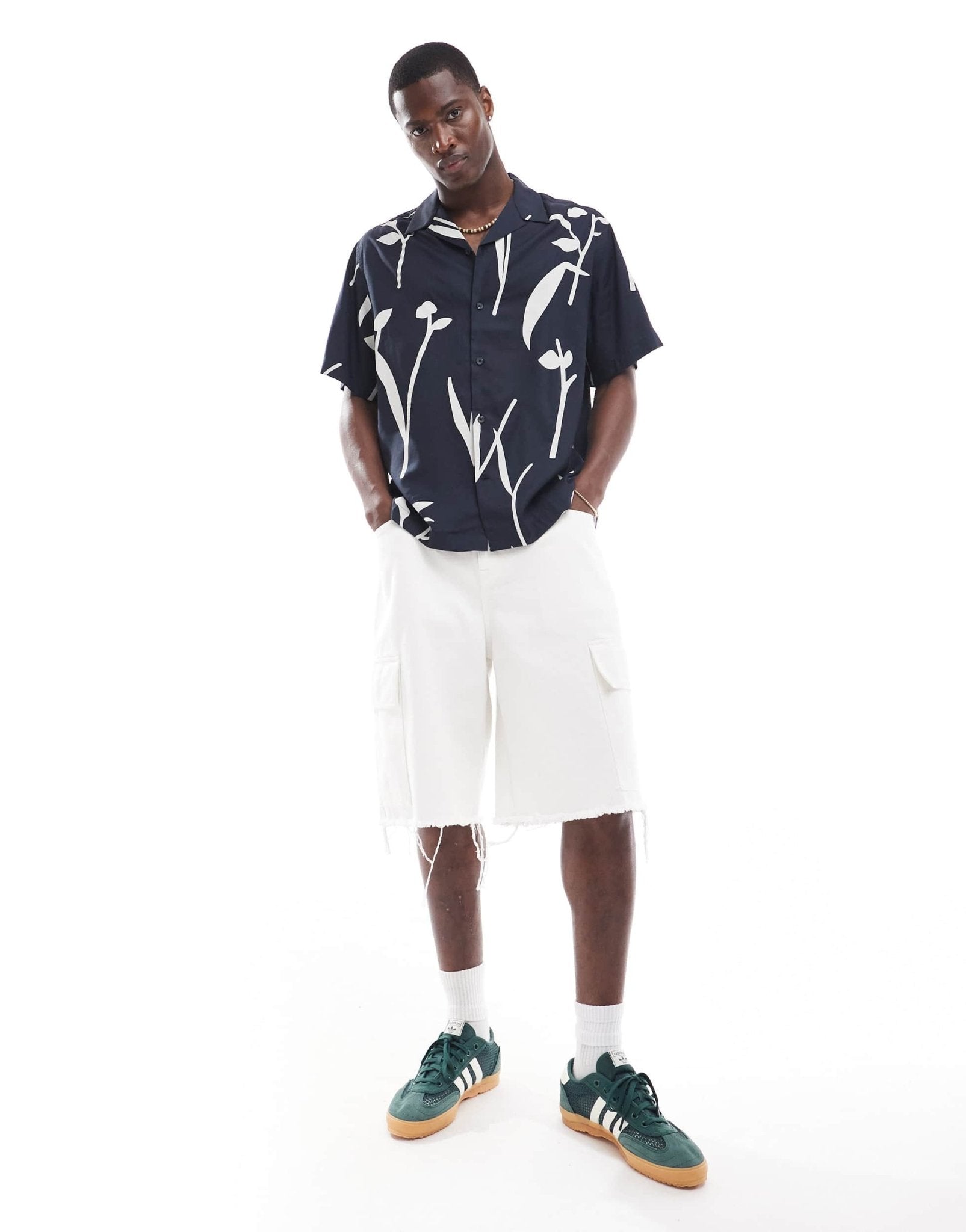 Selected oversized revere collar shirt with leaf print in navy - ASOS Sample Sale EU Store