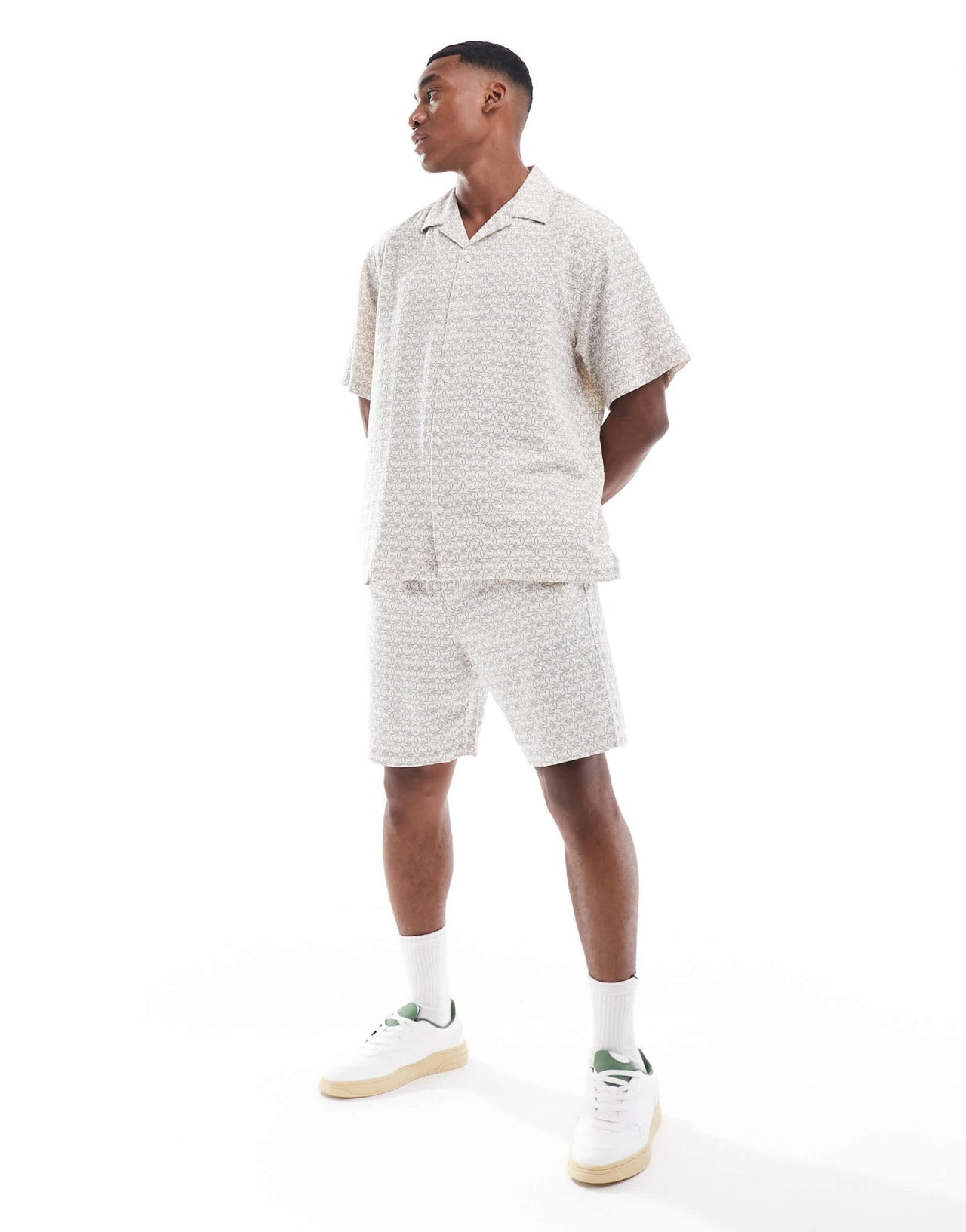 Selected revere collar crinkle shirt with all over print in cream and navy - ASOS Sample Sale EU Store