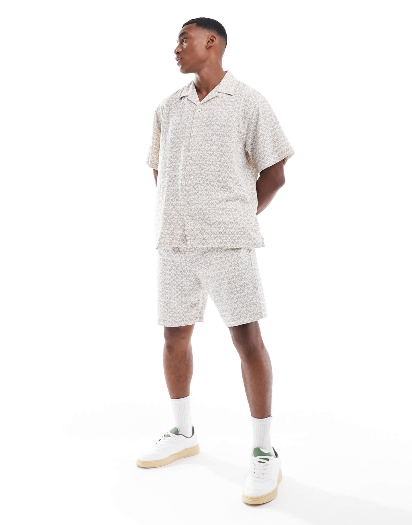 Selected revere collar crinkle shirt with all over print in cream and navy - ASOS Sample Sale EU Store