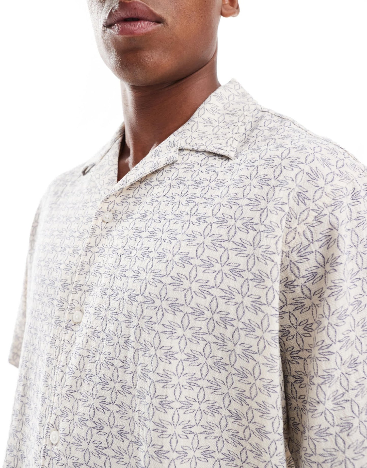 Selected revere collar crinkle shirt with all over print in cream and navy - ASOS Sample Sale EU Store