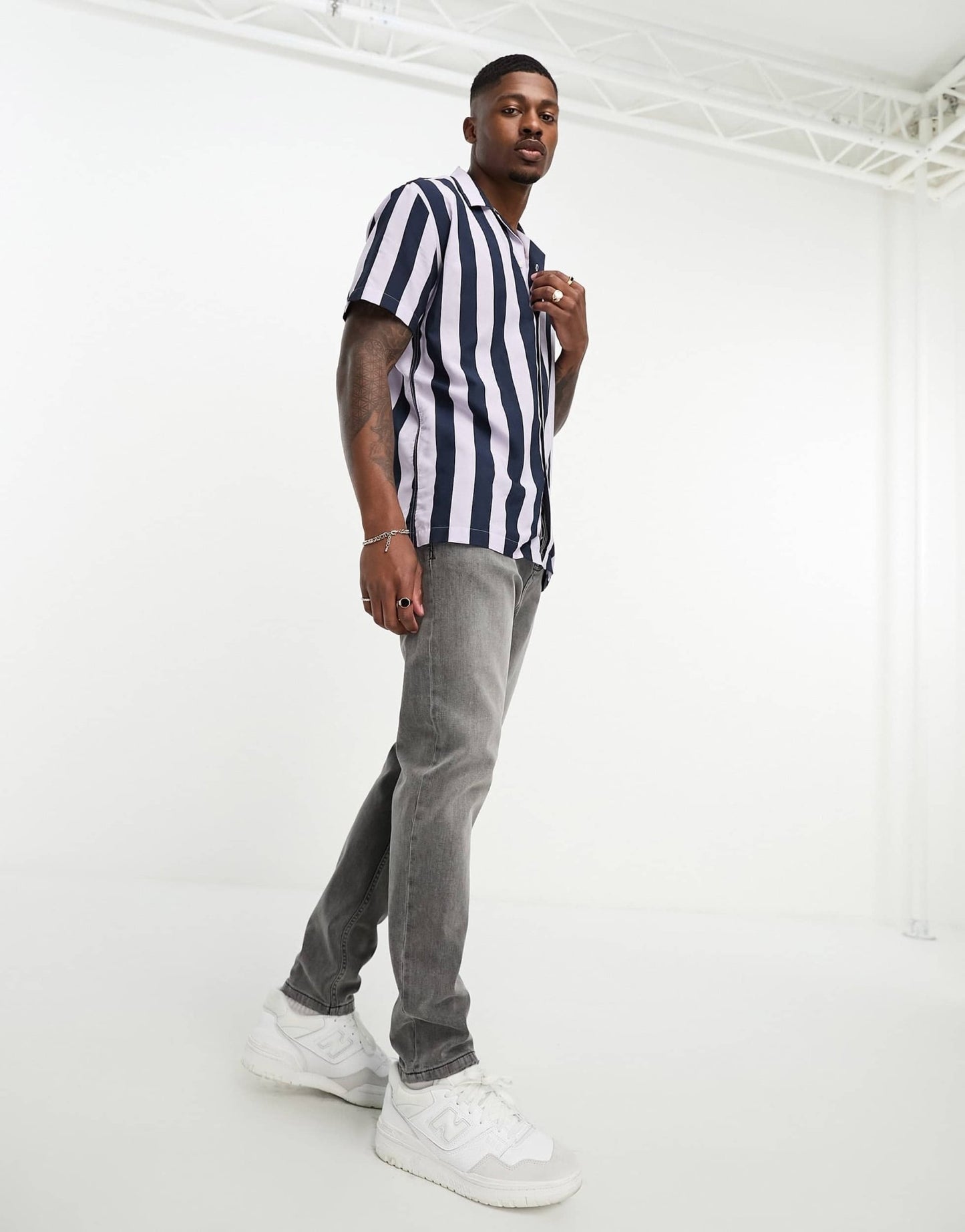 Selected revere collar shirt in navy lilac stripe - ASOS Sample Sale EU Store