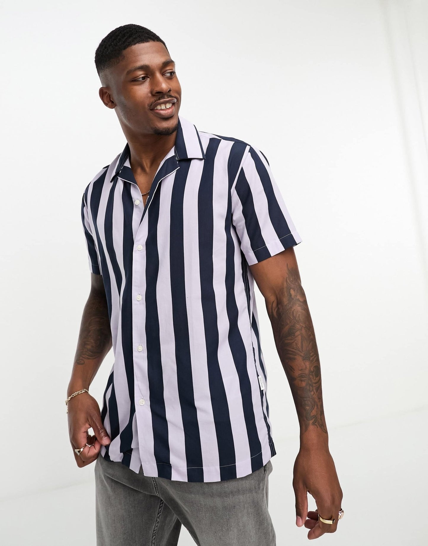 Selected revere collar shirt in navy lilac stripe - ASOS Sample Sale EU Store