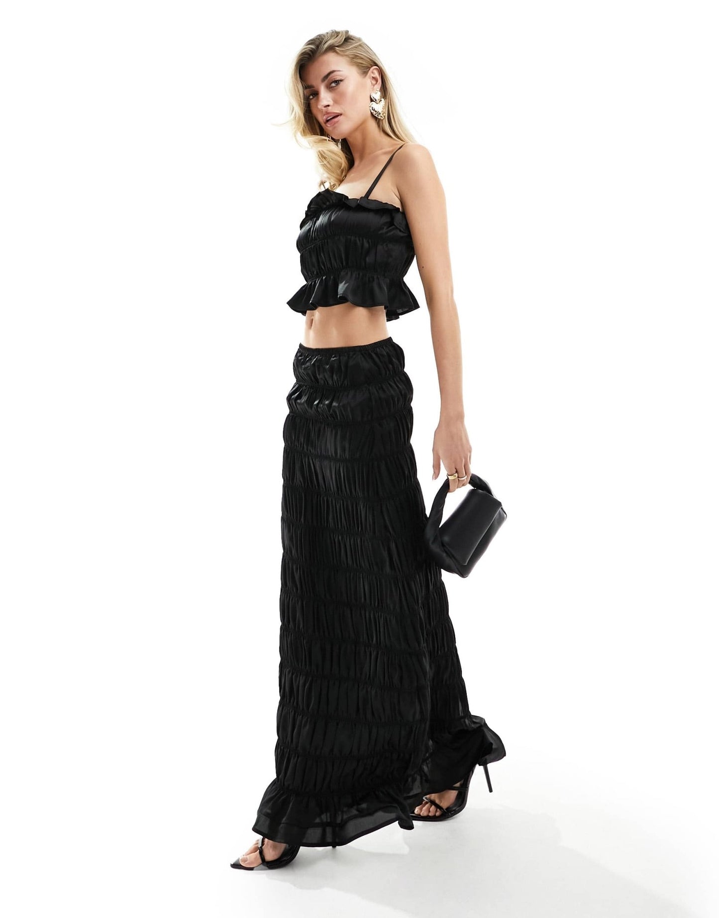 Simmi cami satin shirred crop top co - ord in black - ASOS Sample Sale EU Store