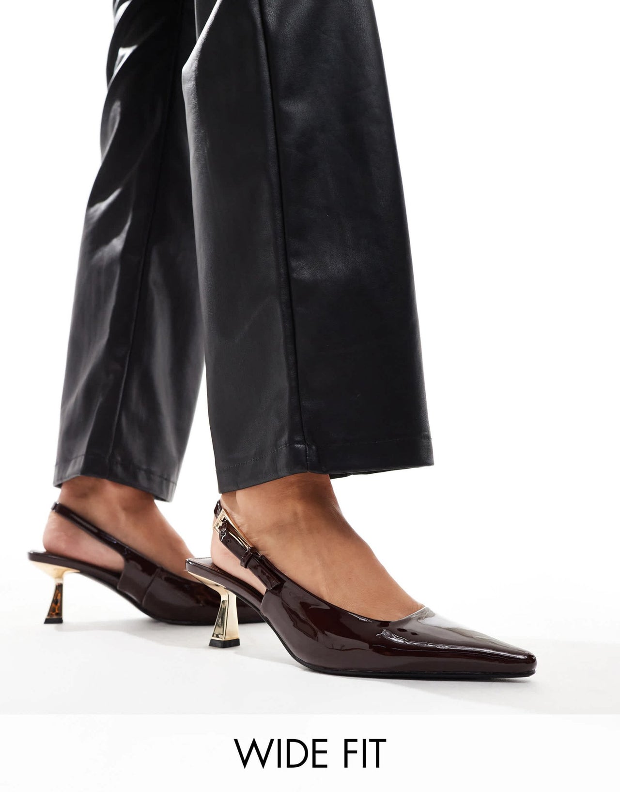 Simmi London June Wide Fit pointed slingback kitten heels in brown patent - ASOS Sample Sale EU Store
