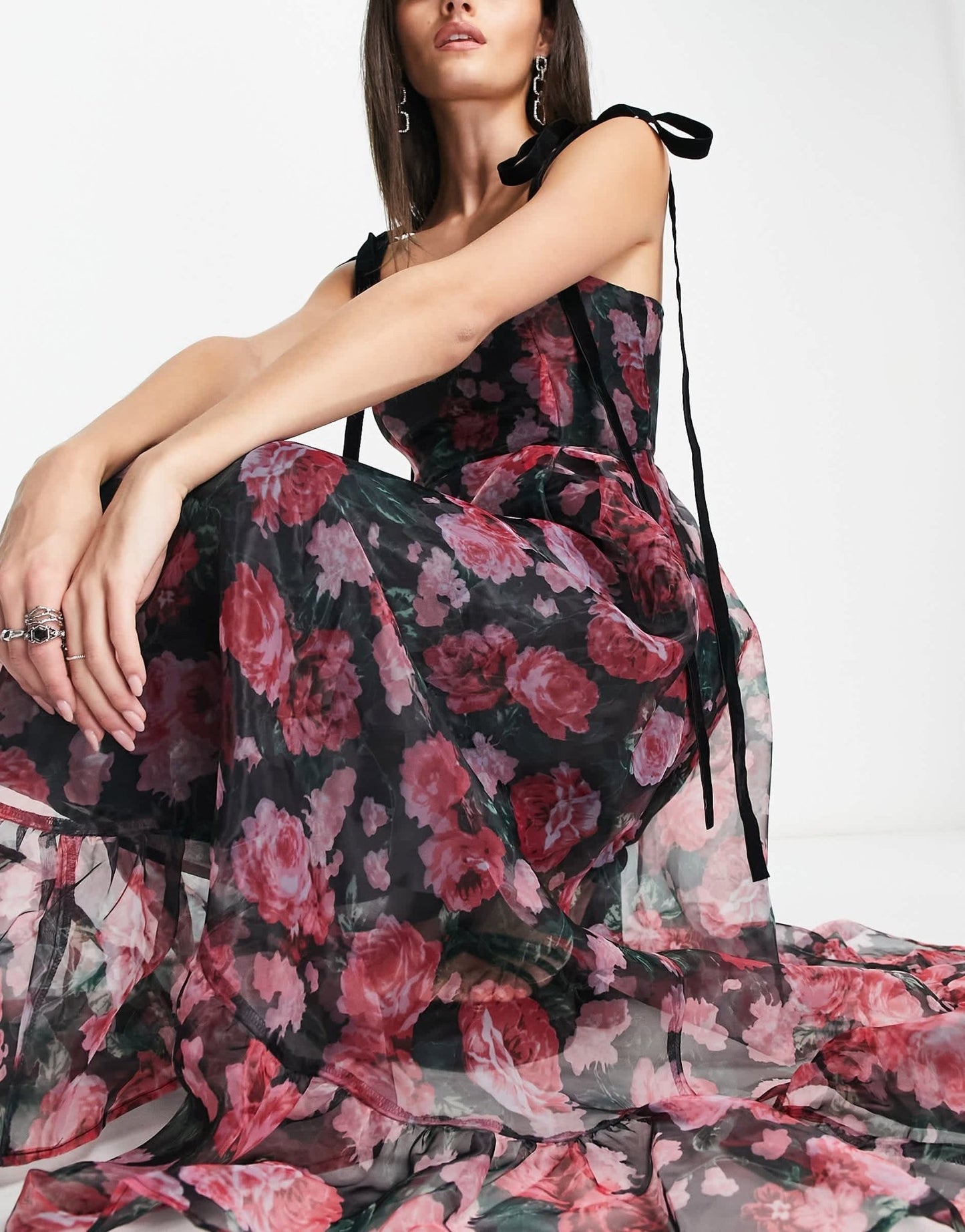 Sister Jane bow strap midi dress in dark printed floral mesh - ASOS Sample Sale EU Store
